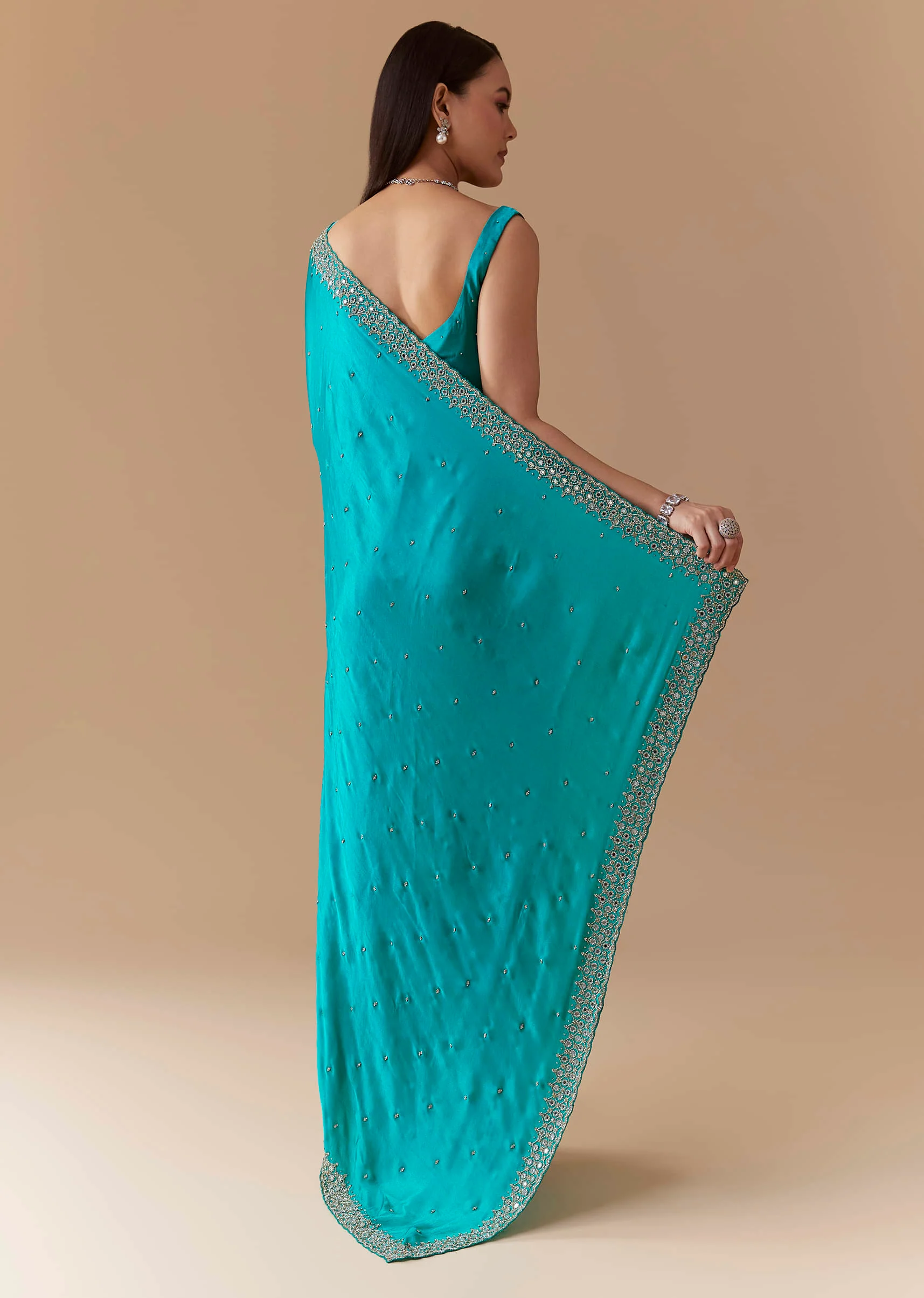 Turquoise Blue Embellished Saree with Unstitched Blouse - Image 4