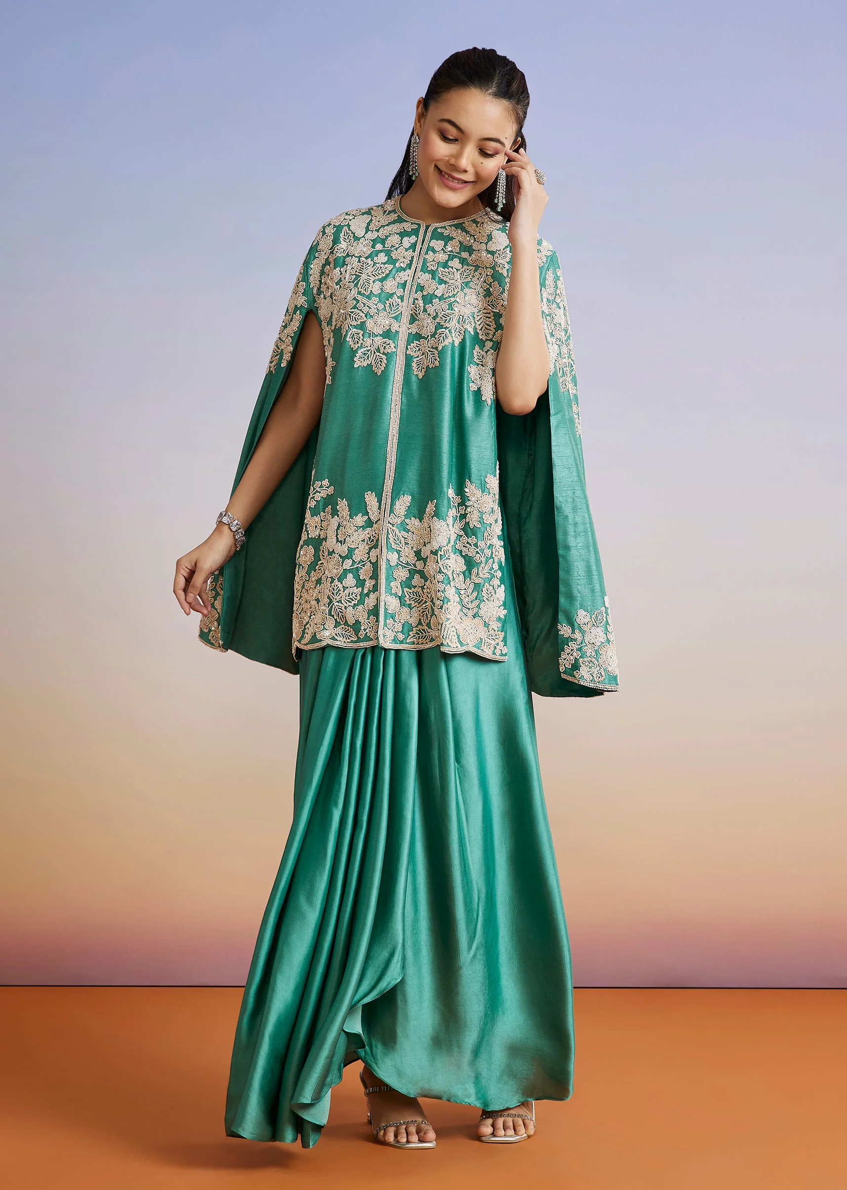 Turquoise Blue Embellished Silk Cape Style Skirt Set - Image 3