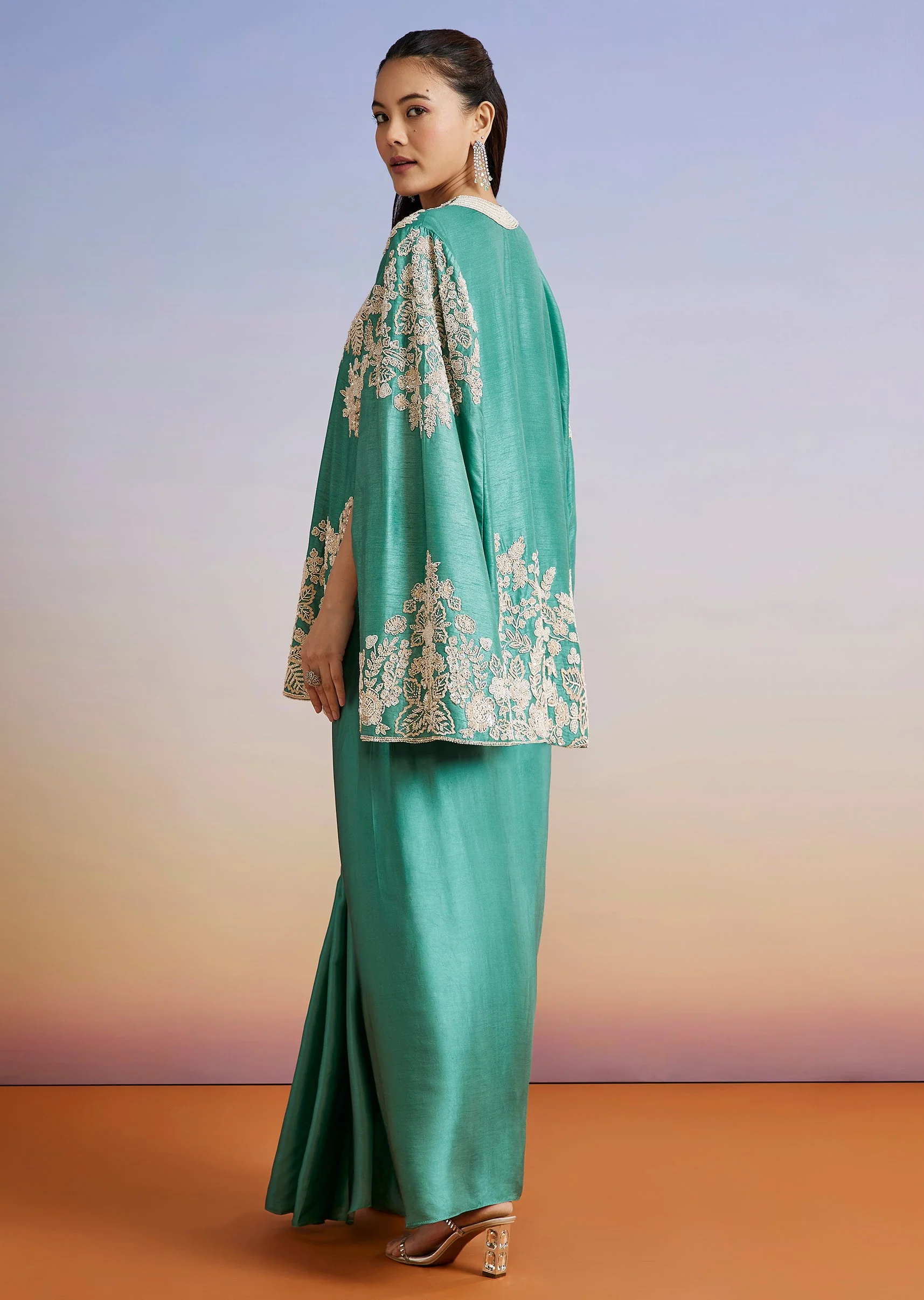 Turquoise Blue Embellished Silk Cape Style Skirt Set - Image 5