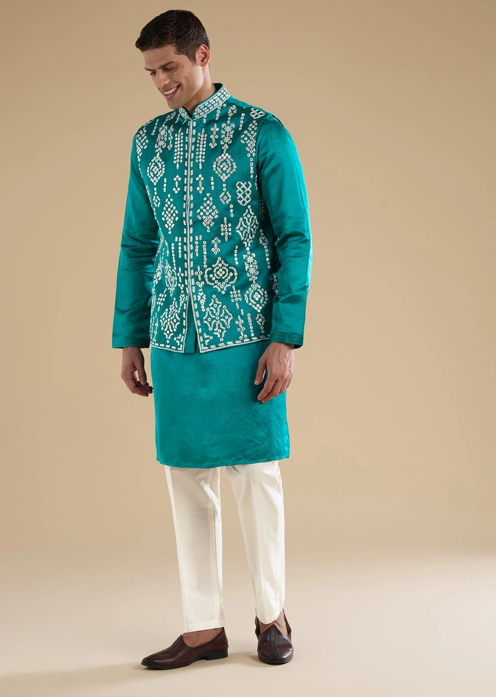 Turquoise Blue Embroidered Silk Kurta Jacket Set - Image 3