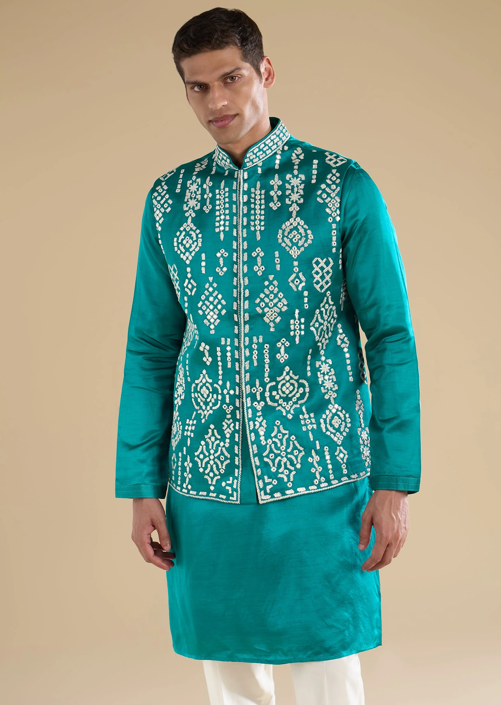 Turquoise Blue Embroidered Silk Kurta Jacket Set - Image 4