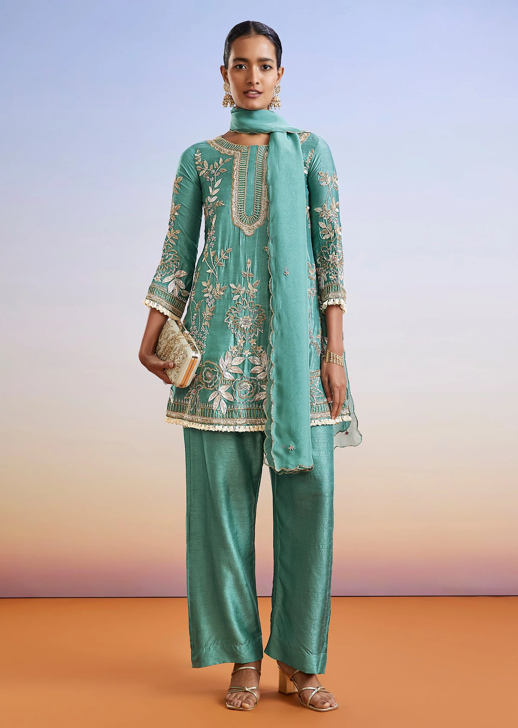 Turquoise Blue Embroidered Silk Palazzo Suit With Dupatta - Image 3