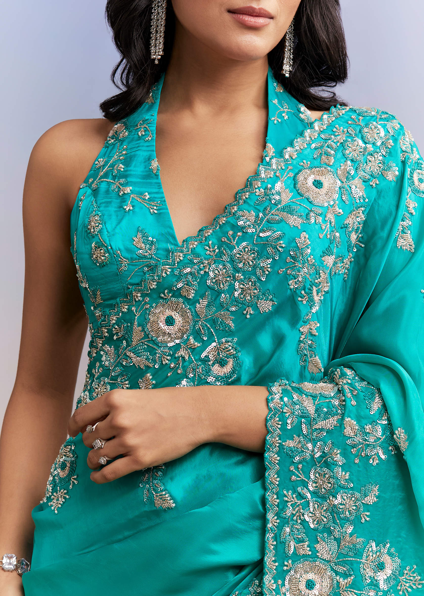 Turquoise Blue Satin Saree With Heavy Embroidered Details - Image 2