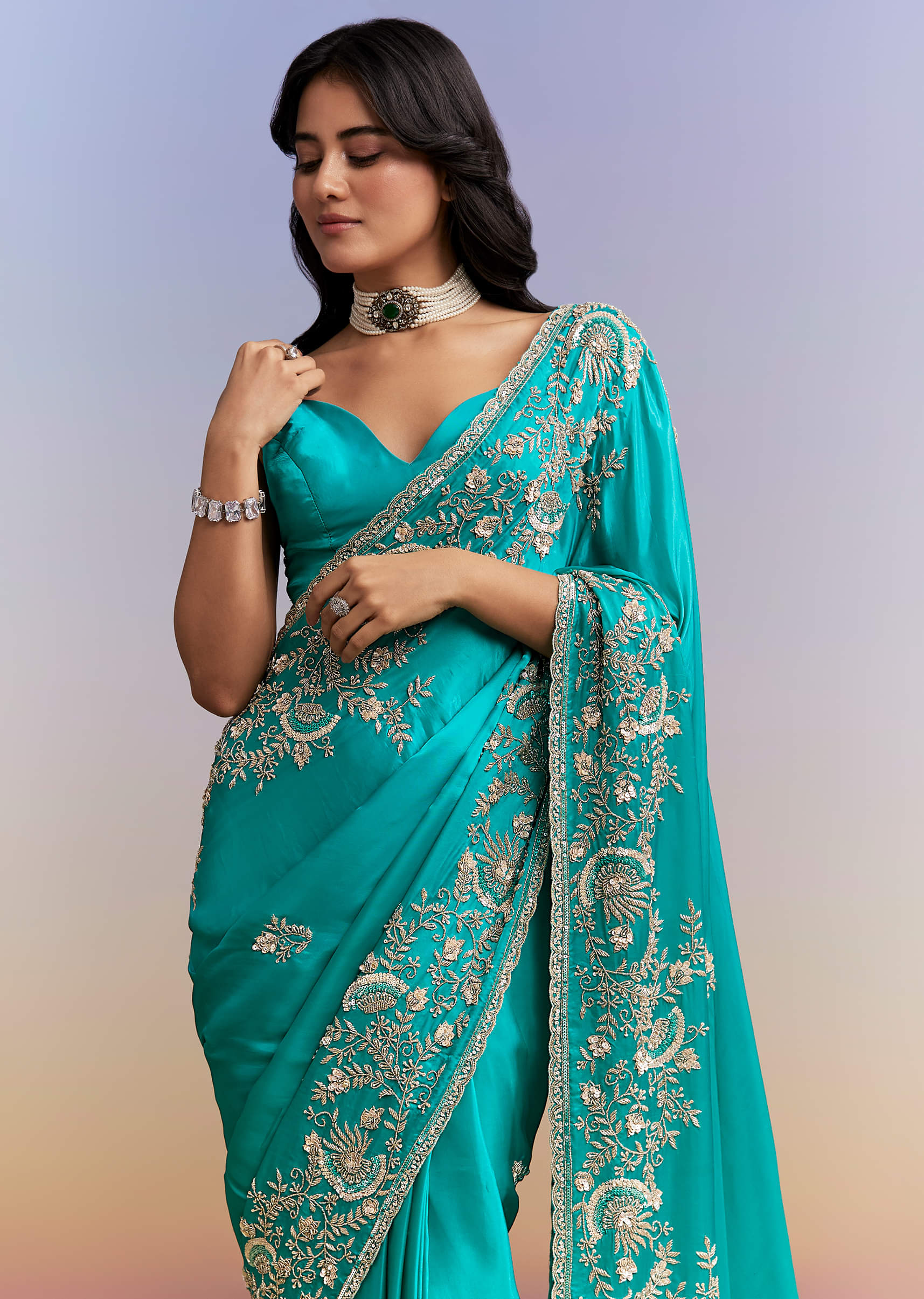 Turquoise Blue Satin Saree With Heavy Hand Work - Image 2