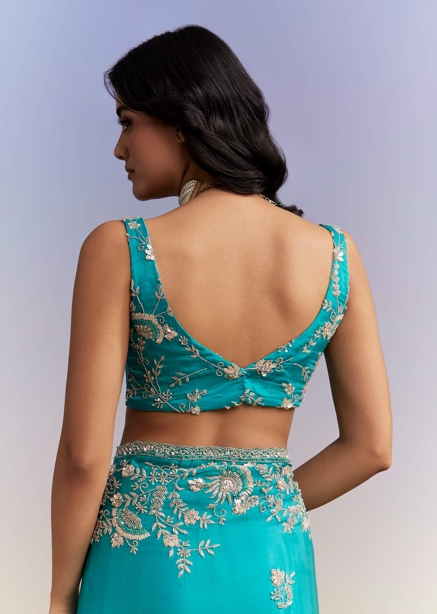 Turquoise Blue Satin Saree With Heavy Hand Work - Image 8