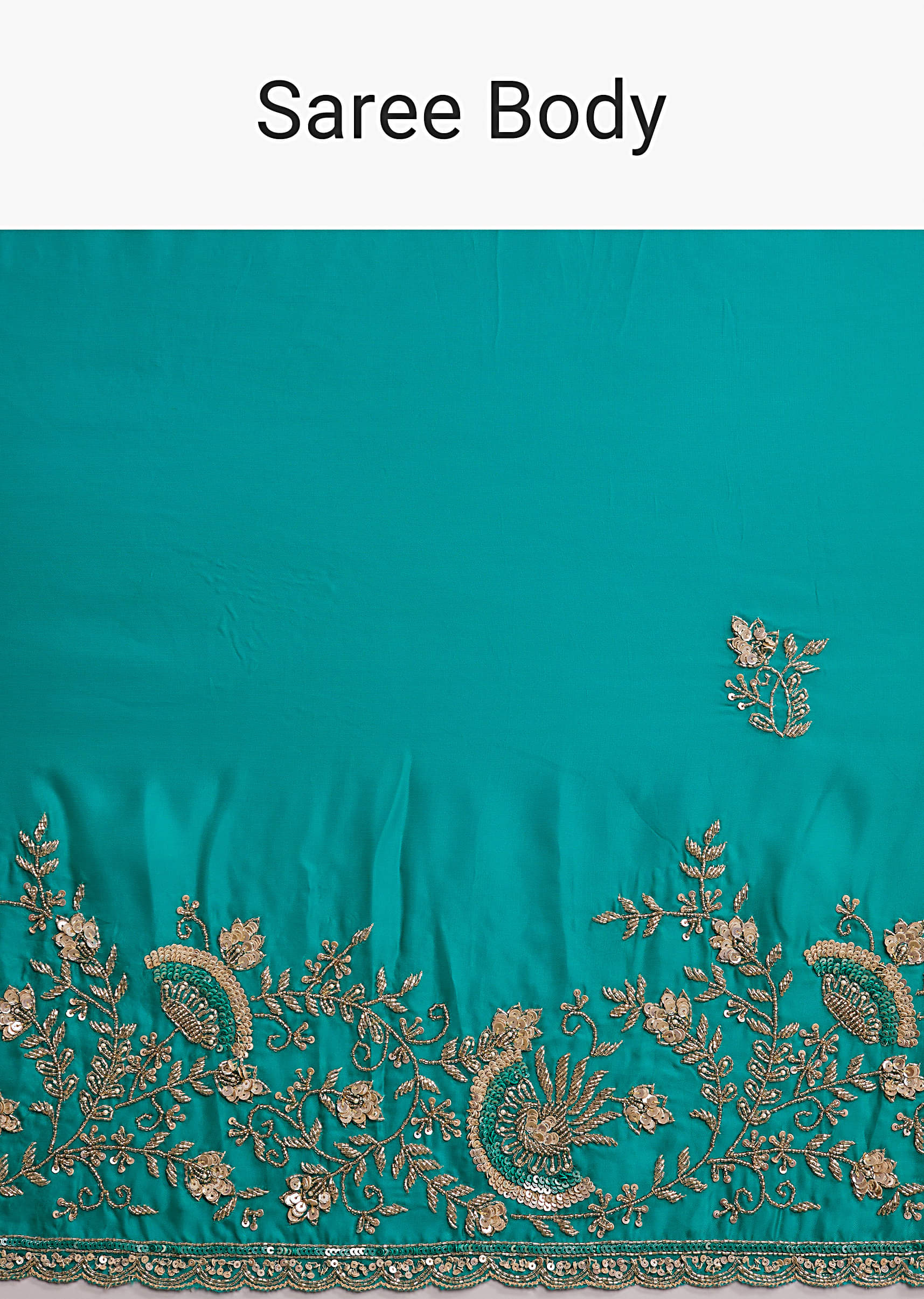 Turquoise Blue Satin Saree With Heavy Hand Work - Image 9