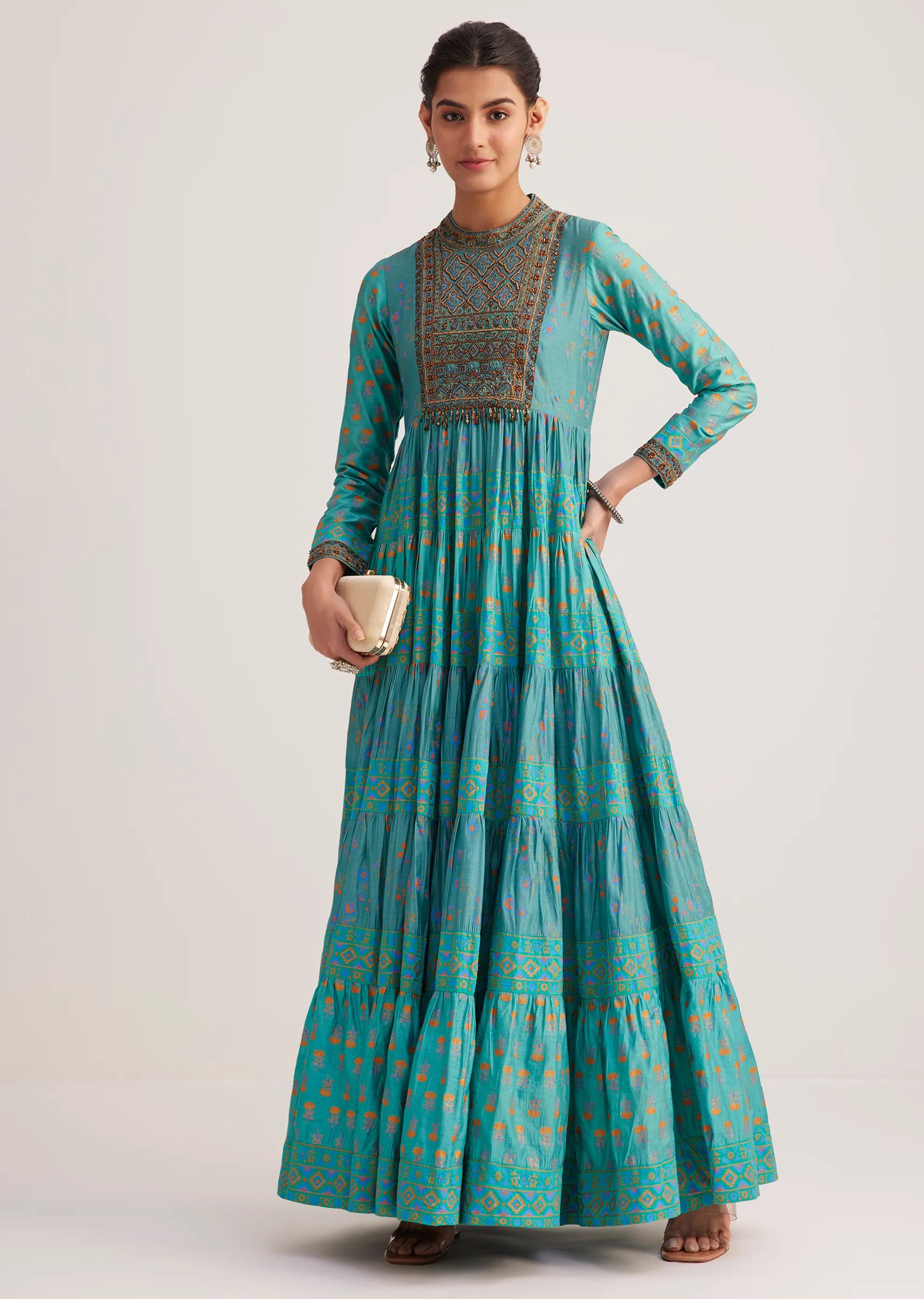 Turquoise Chanderi Kurti With Indie Print - Image 3