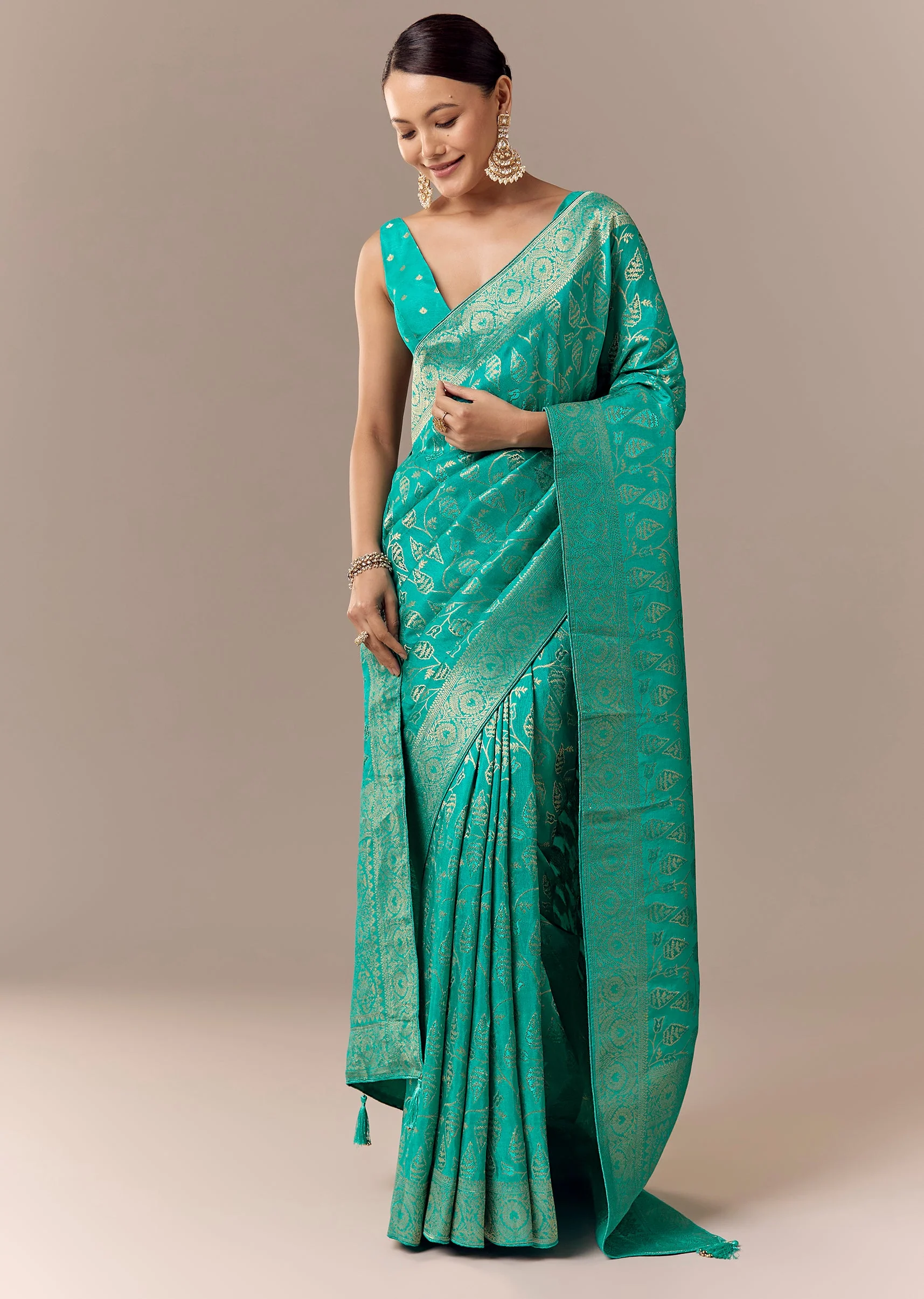 Turquoise Dola Silk Saree with Floral Jaal Weave