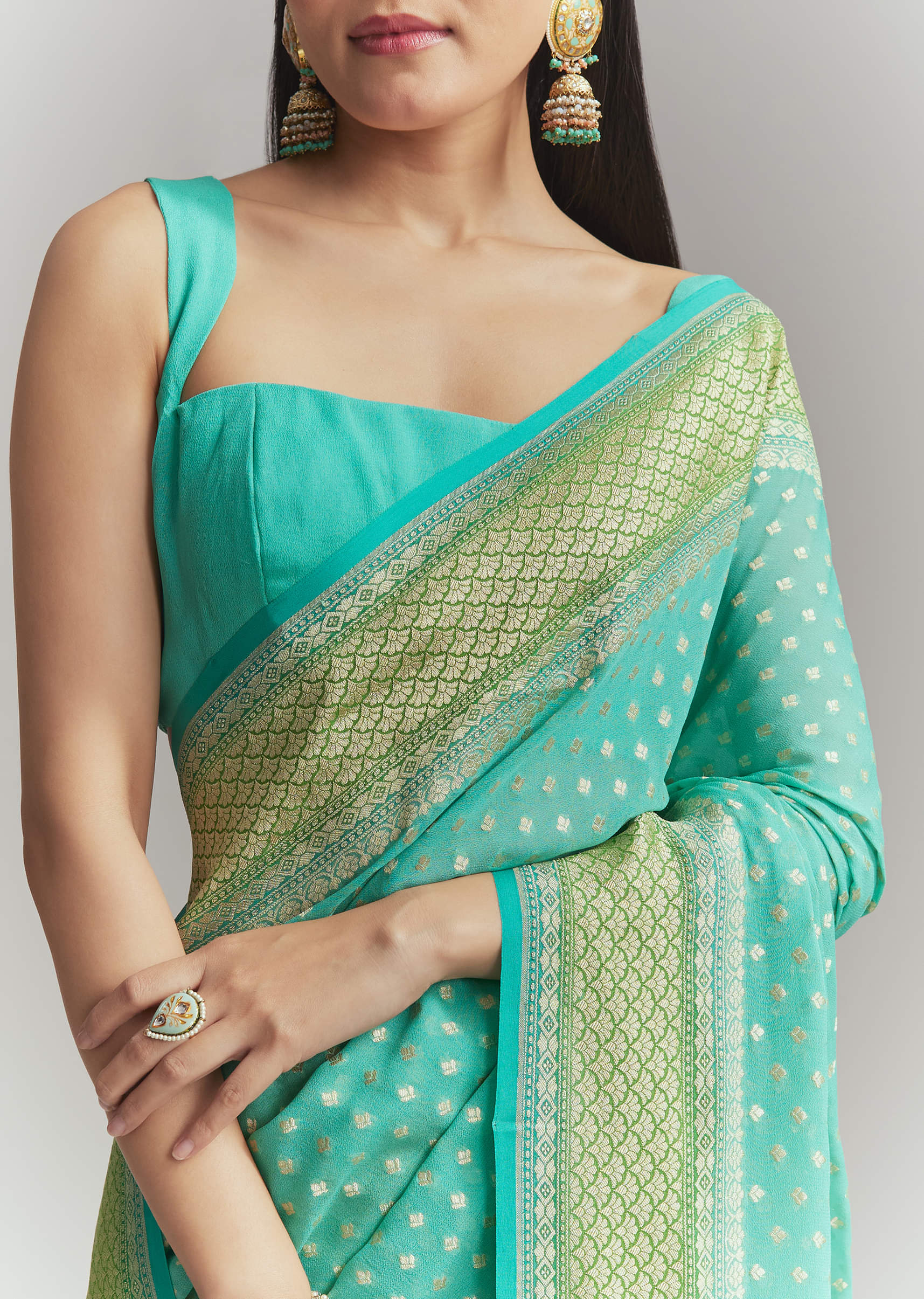 Turquoise Georgette Woven Saree With Parrot Green Contrast Work - Image 2