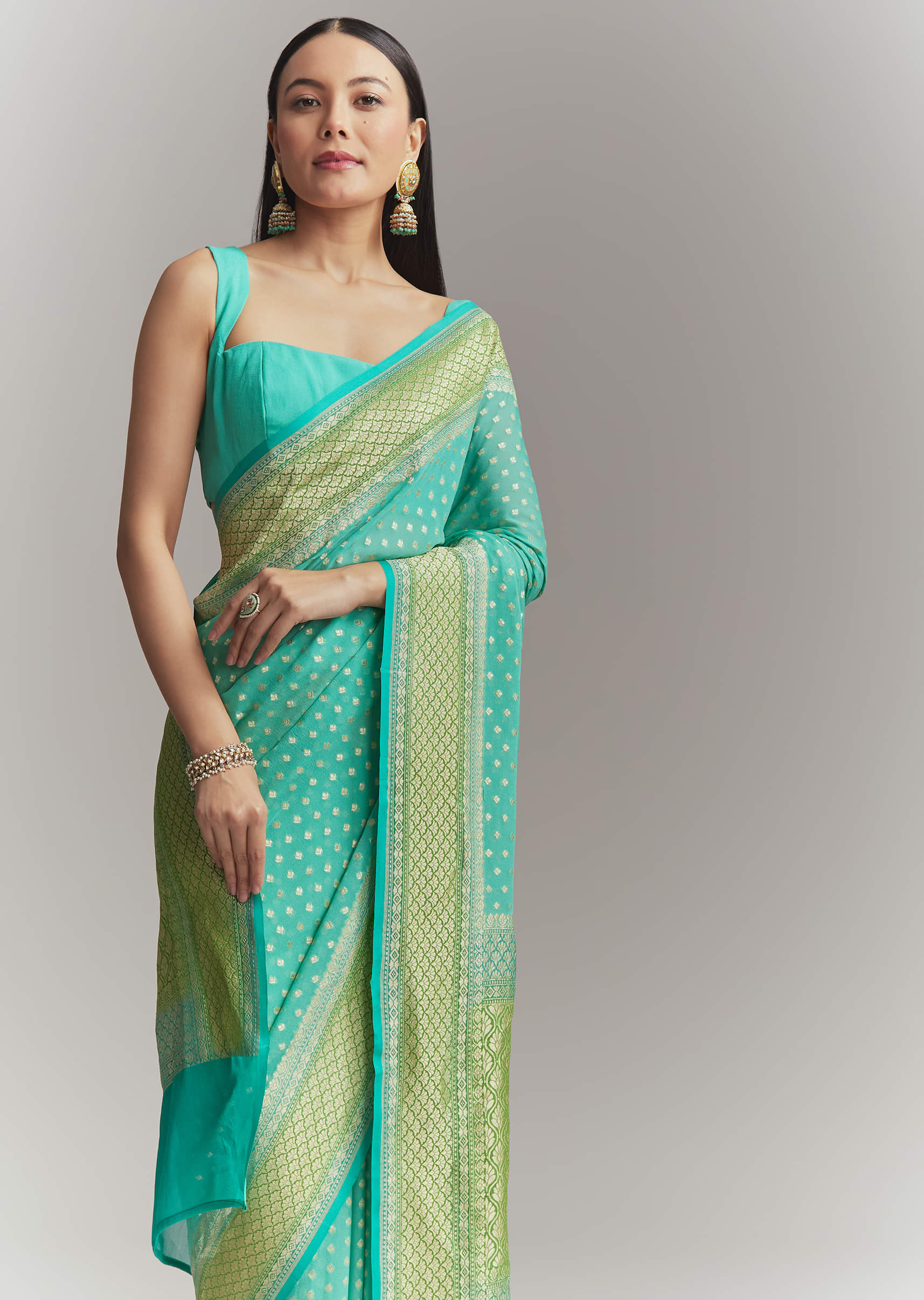 Turquoise Georgette Woven Saree With Parrot Green Contrast Work - Image 5