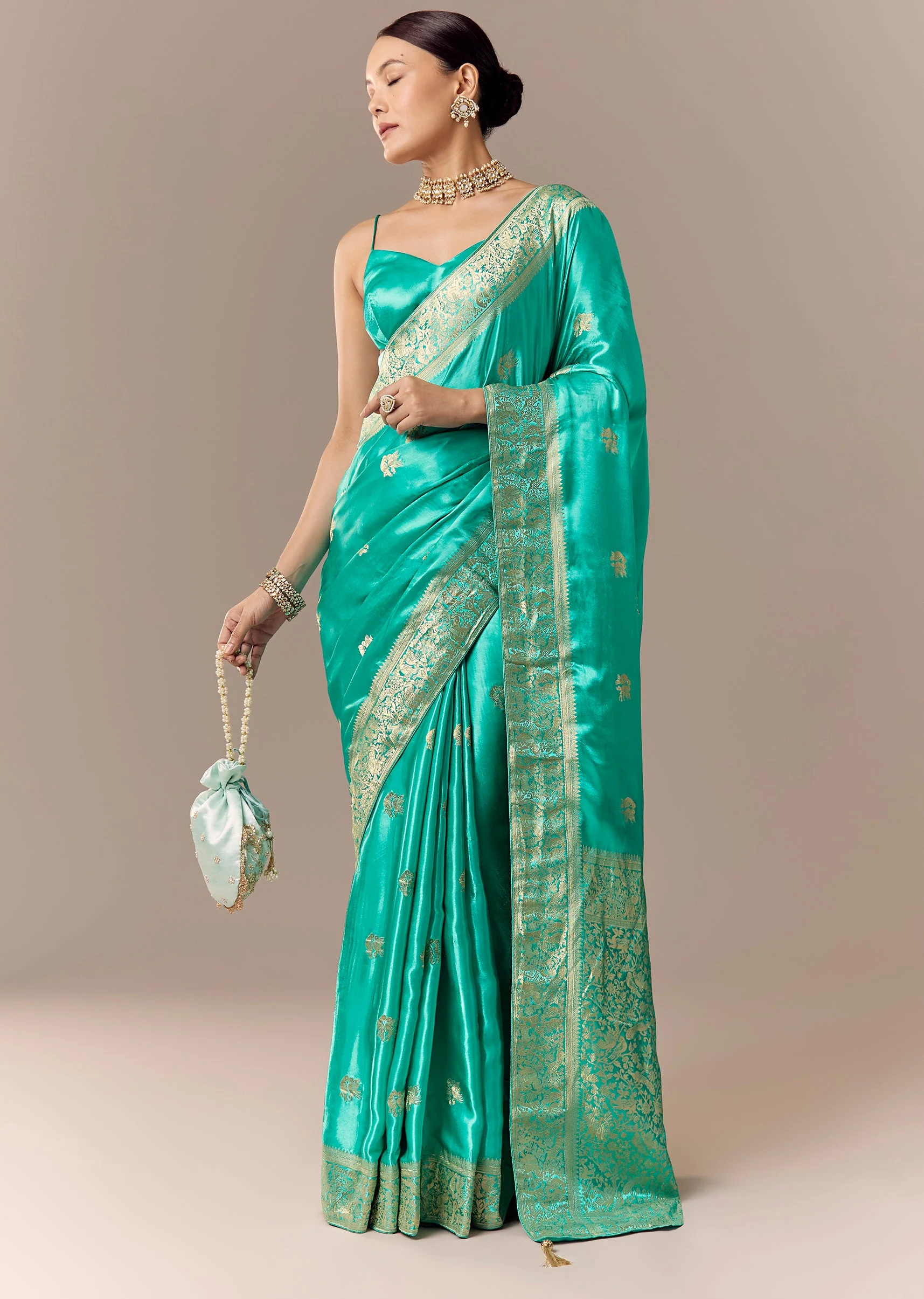 Turquoise Satin Silk Saree with Bird Motif Zari Weave