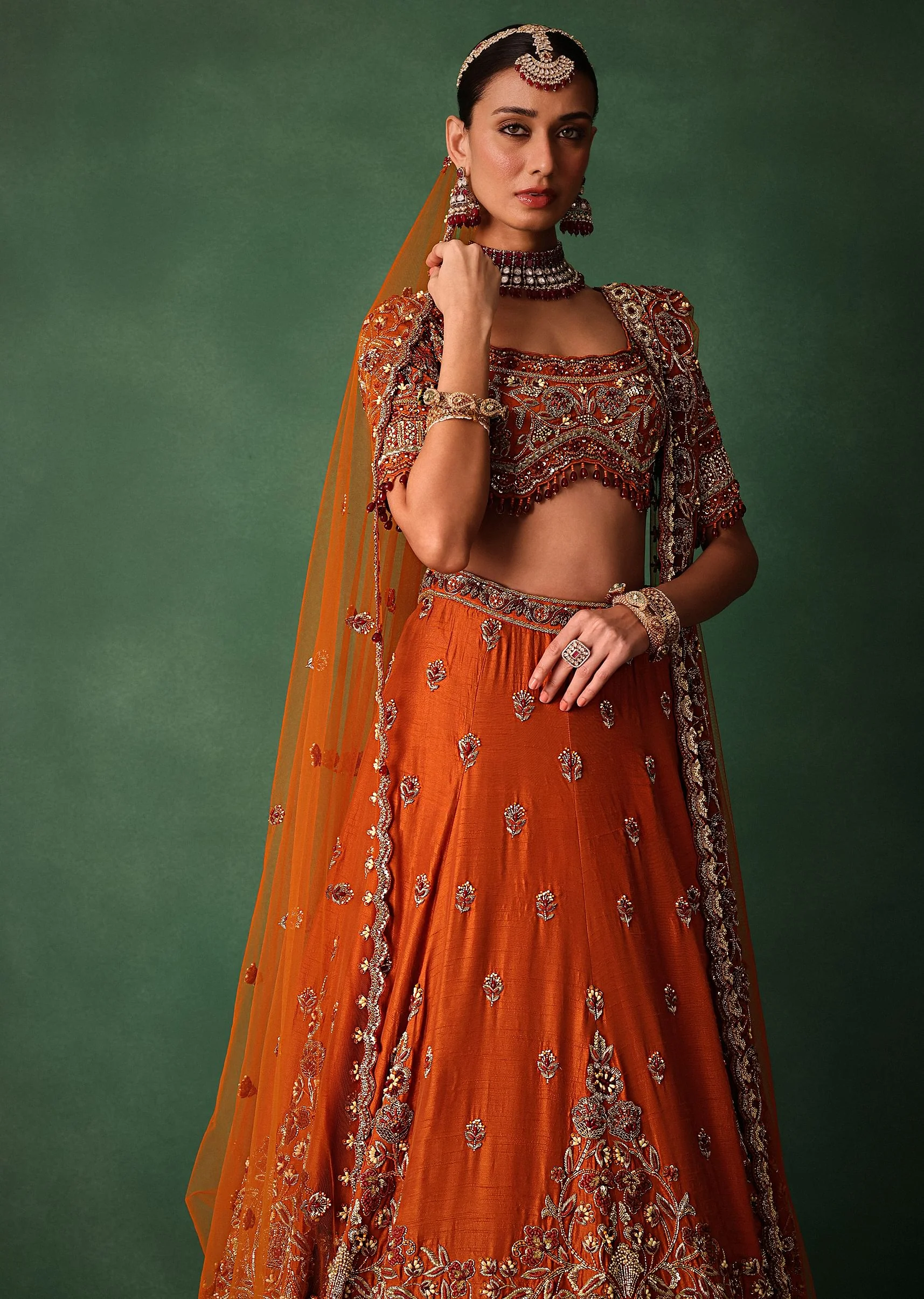 Tussar Orange Embroidered Lehenga With Scoop Neckline Blouse And Dupatta - Image 5