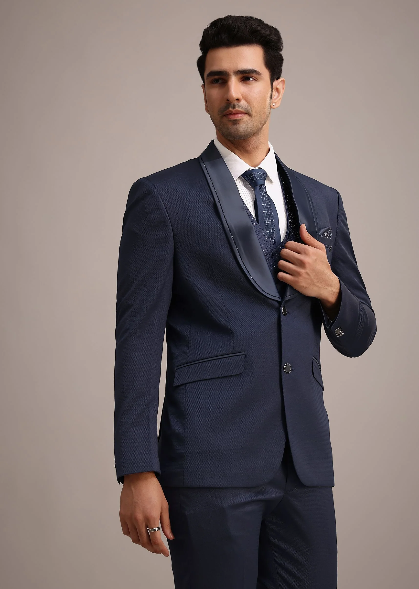 Tuxedo With Intricate Cut Work In Blue - Image 3