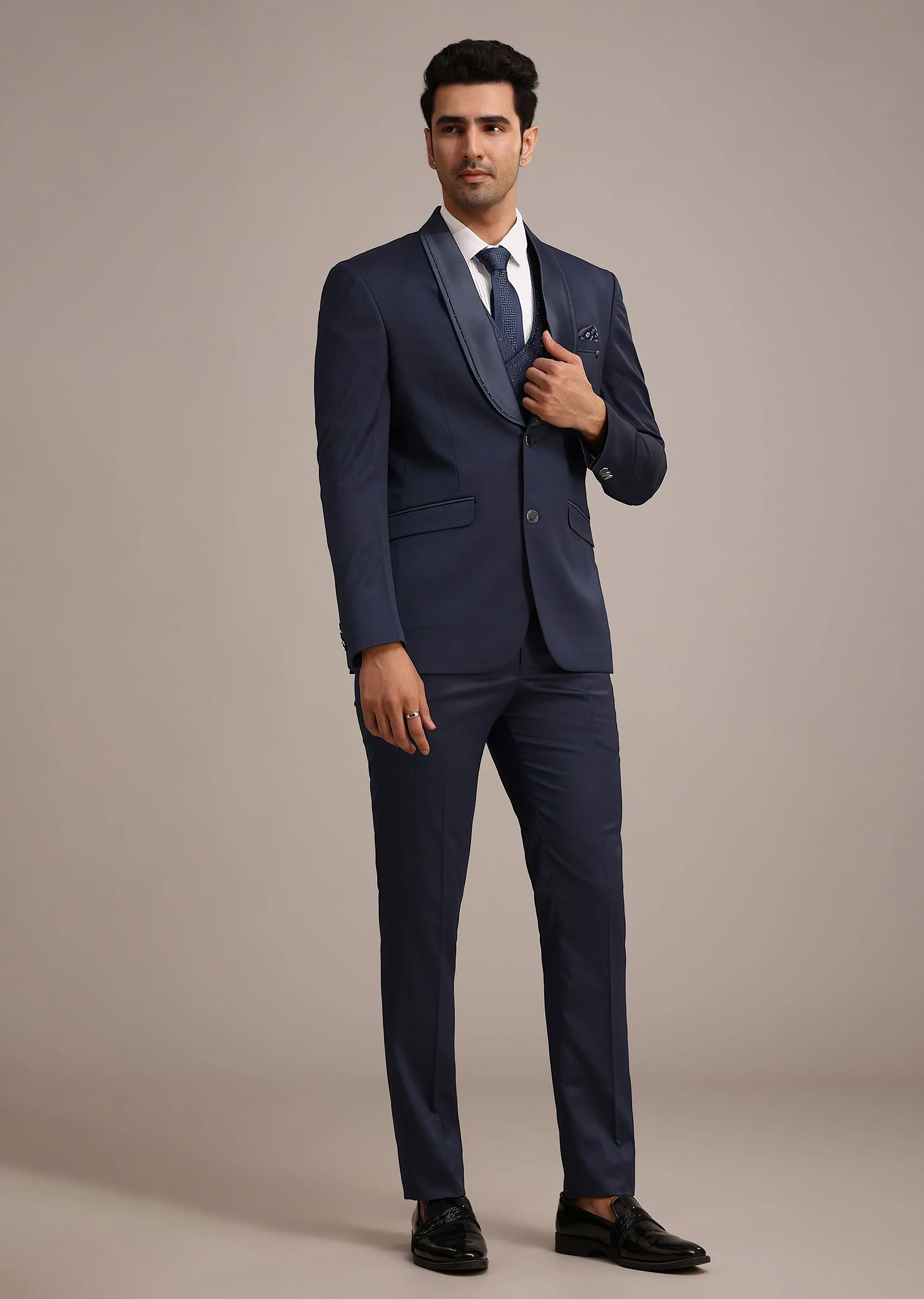 Tuxedo With Intricate Cut Work In Blue - Image 4