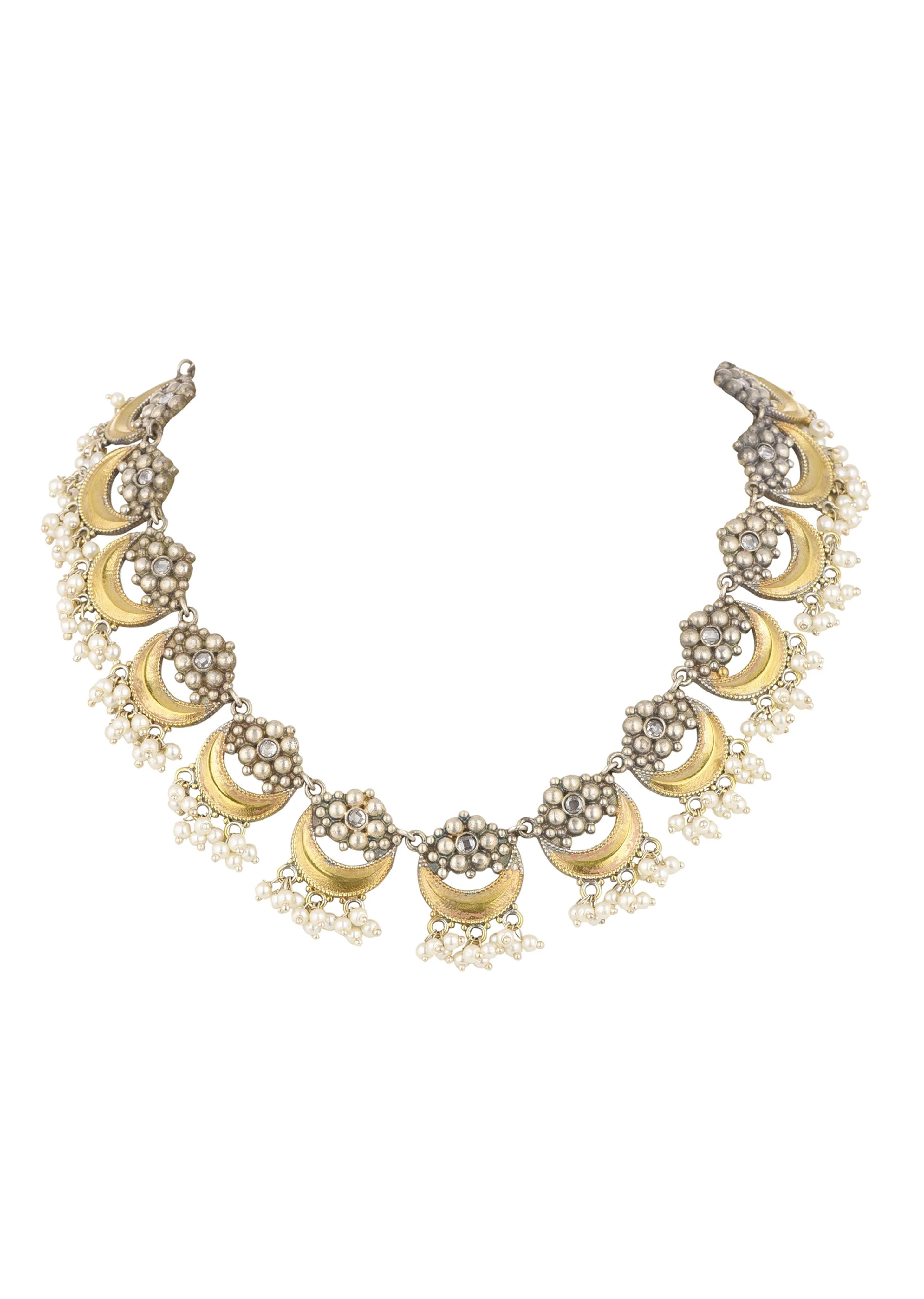 Two Tone Finish Oxidised Short Necklace And Earring Set - Image 6