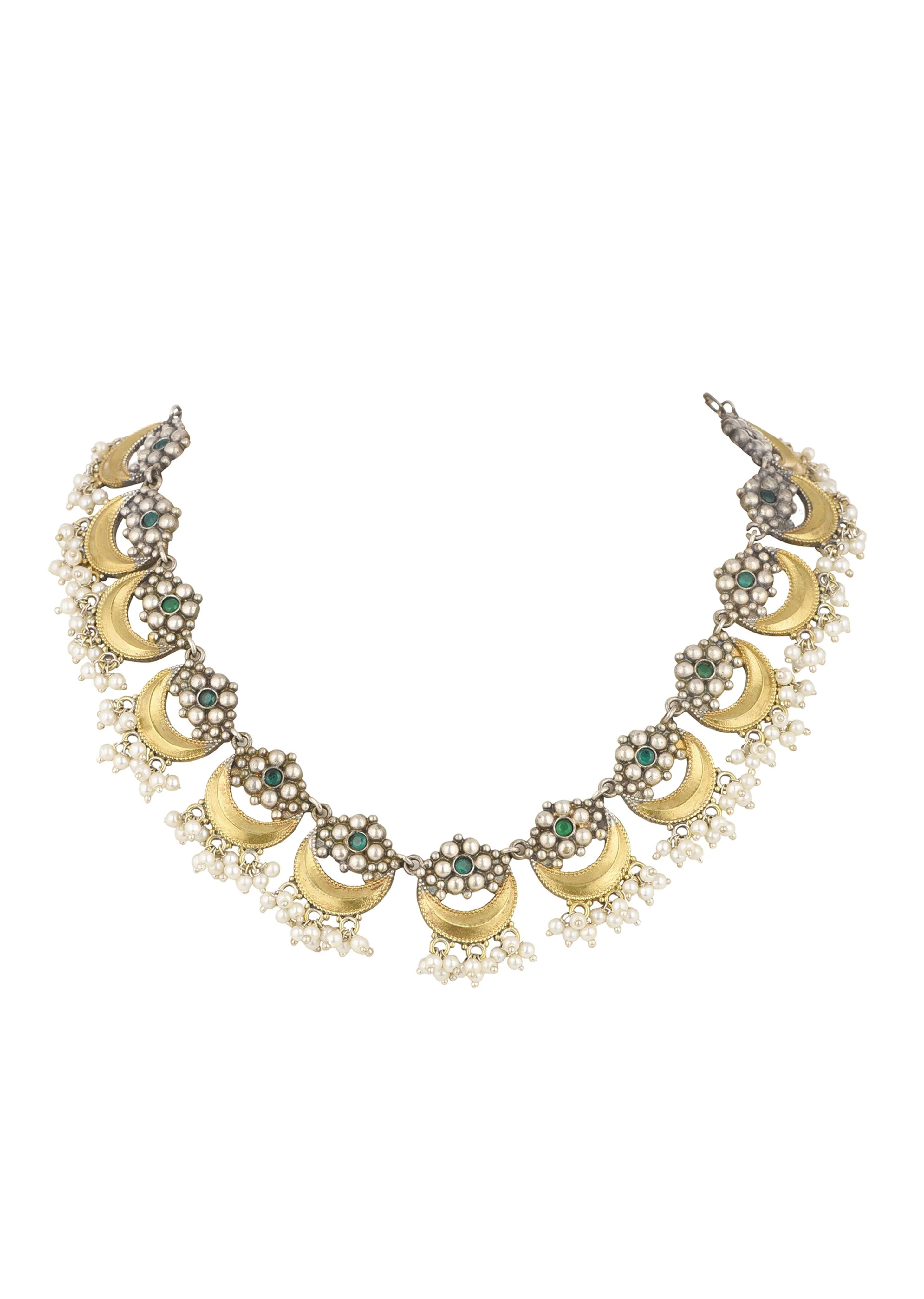 Two Tone Oxidised Necklace And Earrings Set With Pearls - Image 7