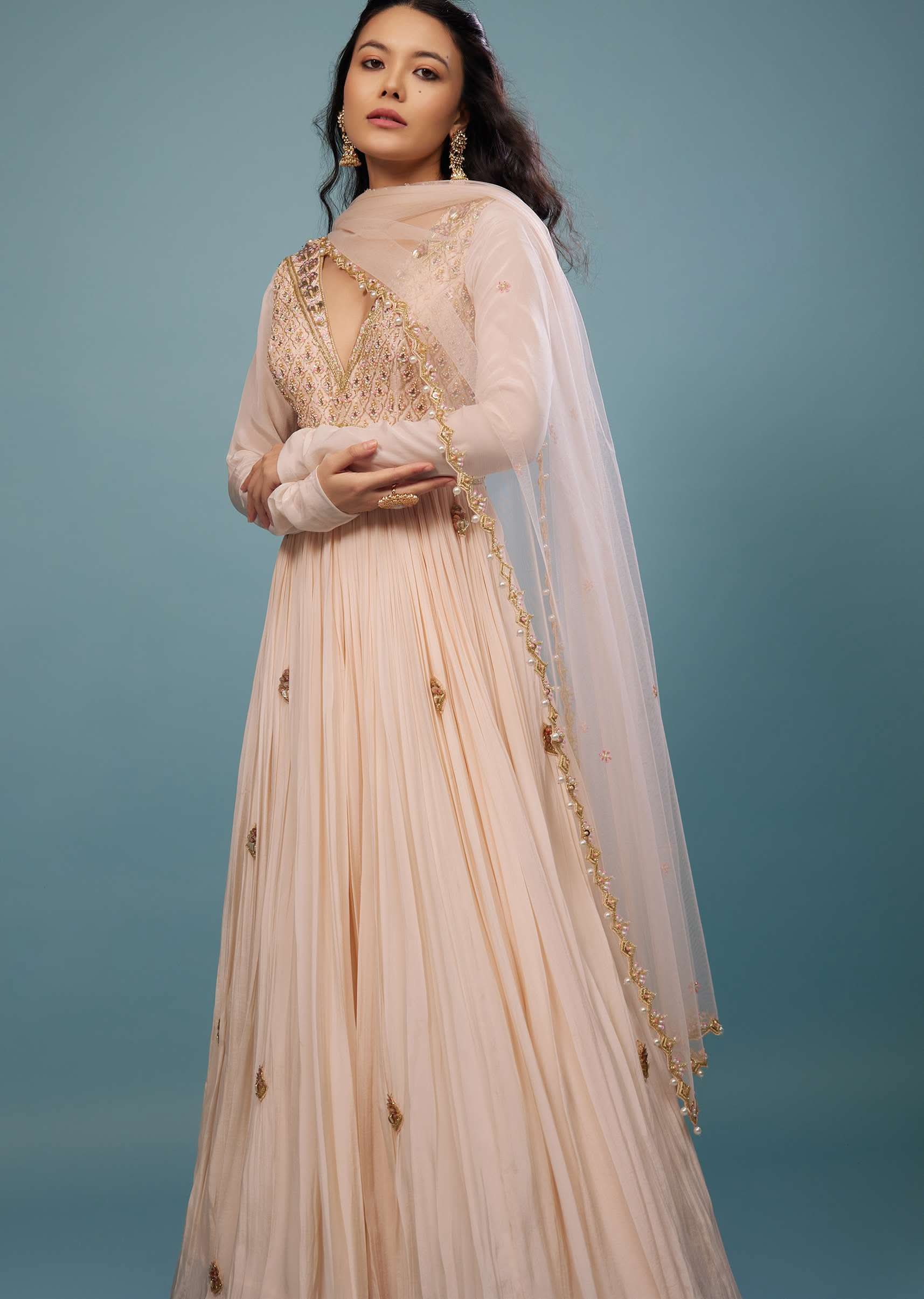Powder Pink Embroidered Anarkali Suit In Crepe - Image 5