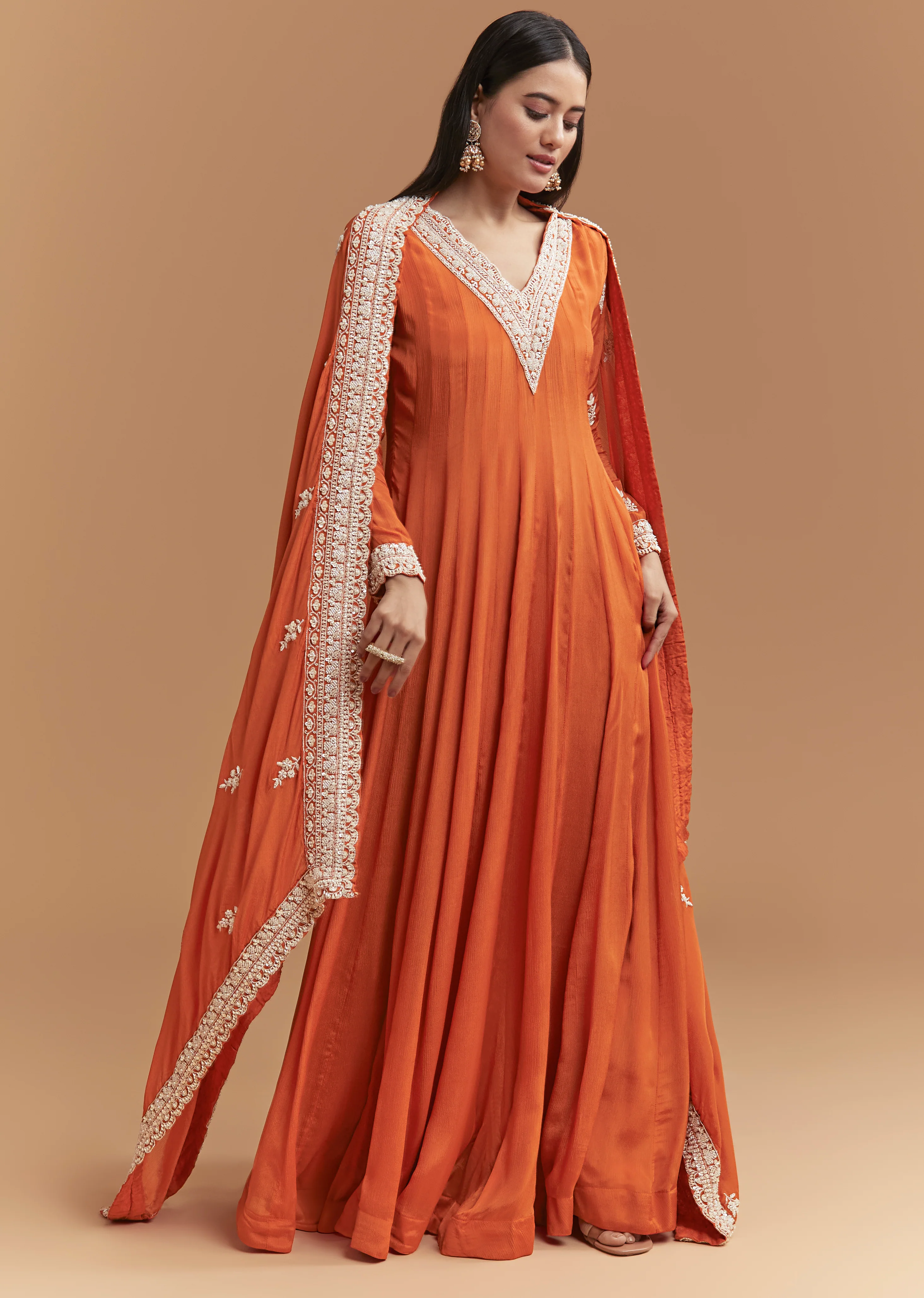 Vibrant Celebration Couple Set – Orange Chinon Hand-Embroidered Anarkali for Her And Orange Silk Kurta Jacket Set with Zardosi Work for Him - Image 3