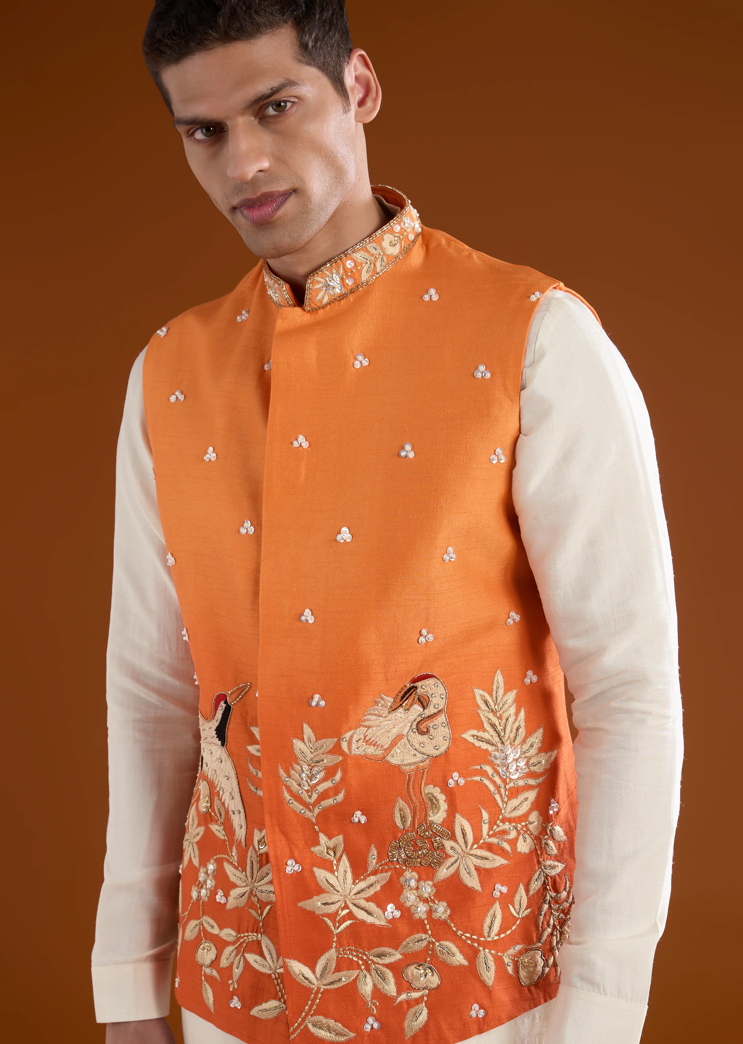 Vibrant Celebration Couple Set – Orange Chinon Hand-Embroidered Anarkali for Her And Orange Silk Kurta Jacket Set with Zardosi Work for Him - Image 6