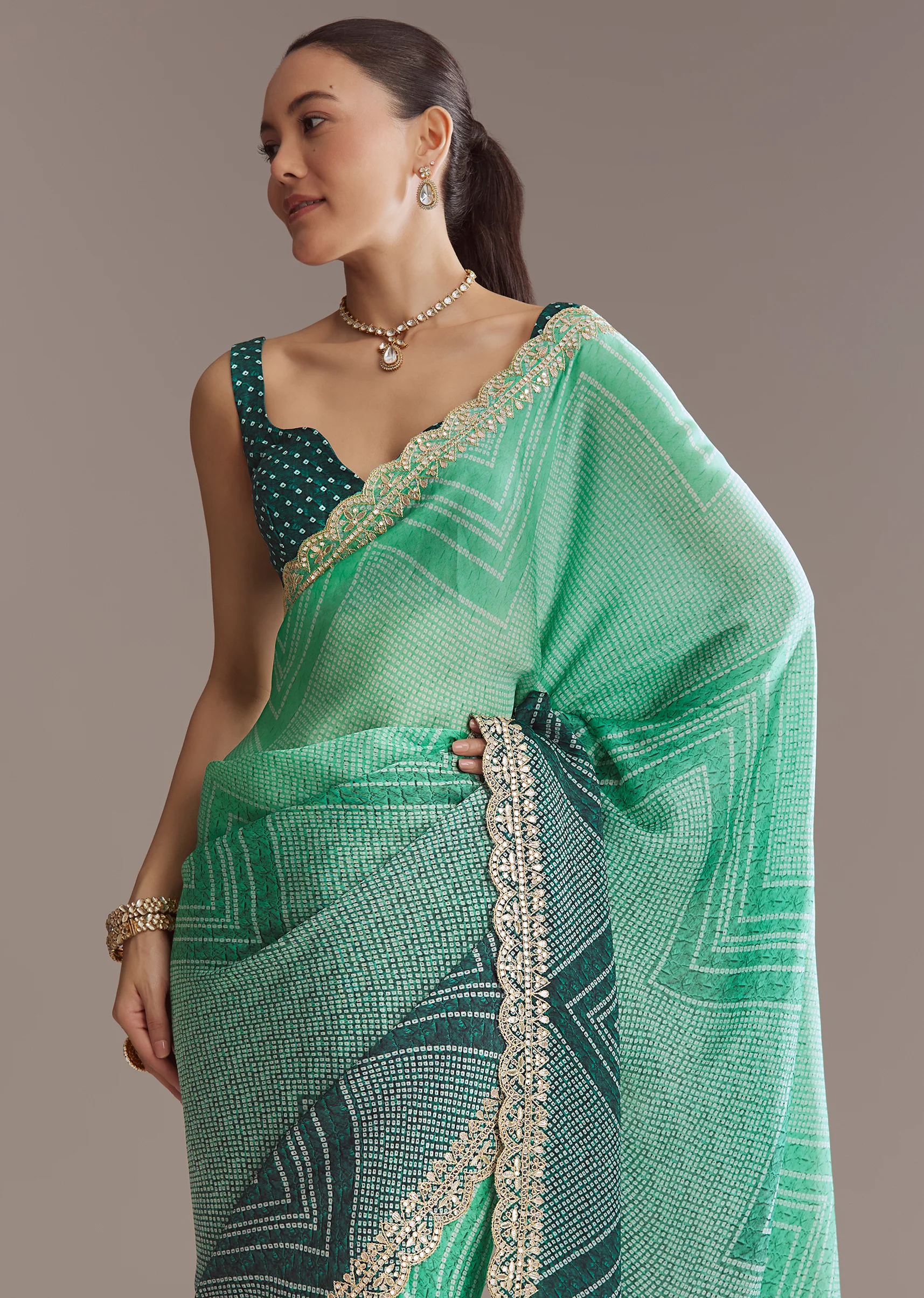 Vibrant Ombre Couple Set – Green Satin Ombre Saree With Gota Patti Embroidery For Her And Green Bandhani Kurta Set With Dupatta For Him - Image 6