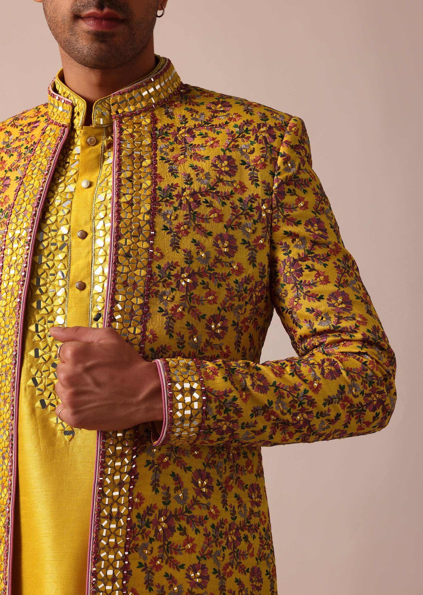 Vibrant Yellow Silk Embroidered Sherwani Set - Image 2