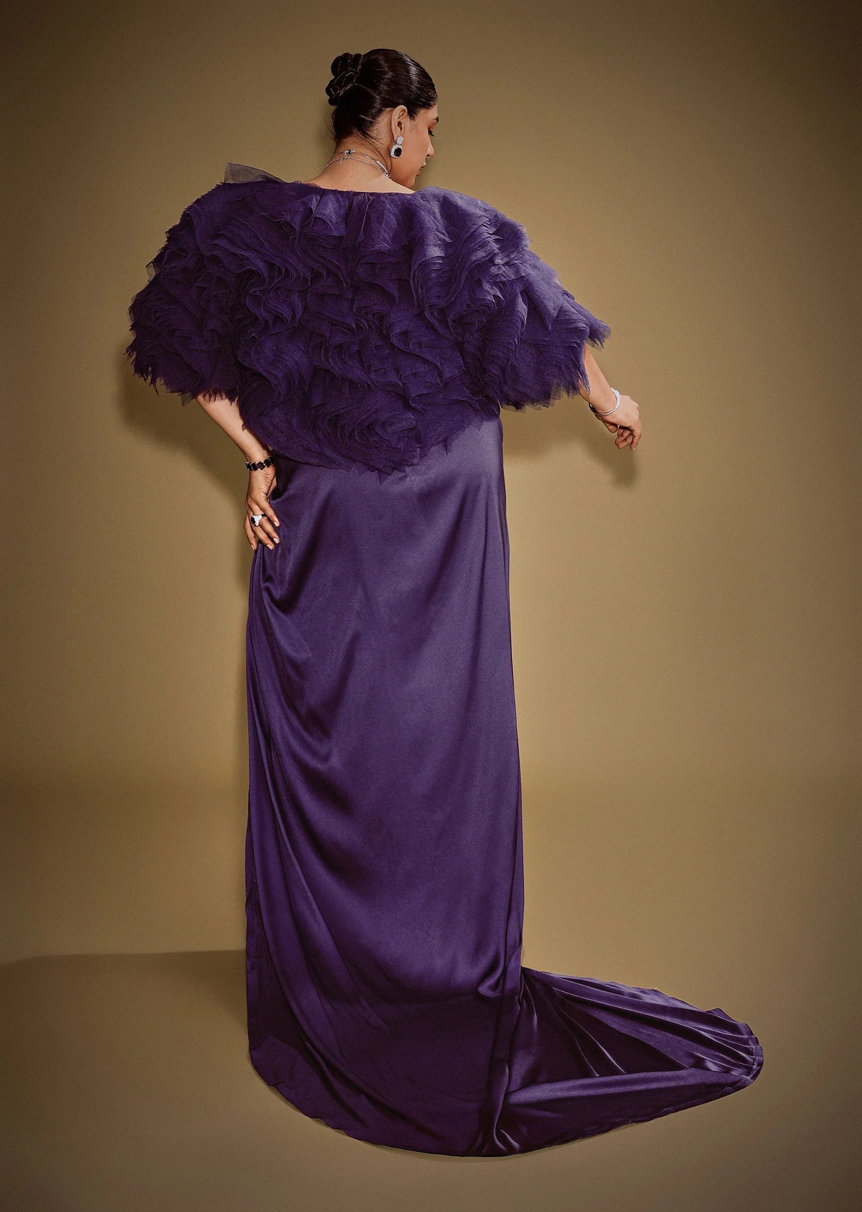 Violet Drape Skirt Set With Sleeveless Blouse And Ruffle Jacket - Image 5