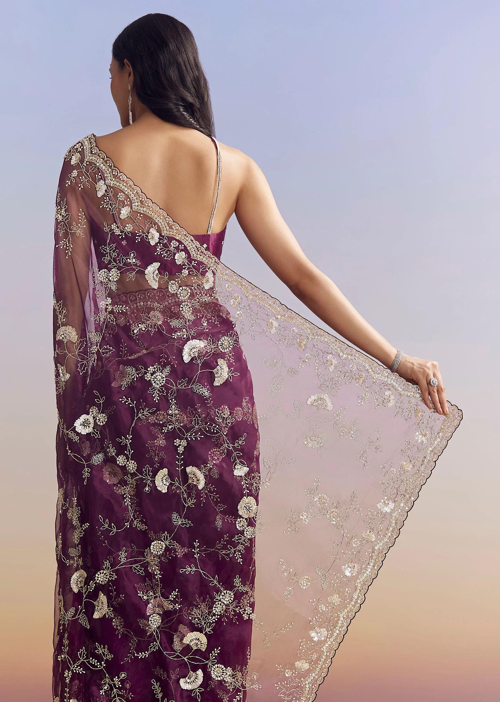 Violet Organza Saree With All Over Embroidered Floral Jaal - Image 6