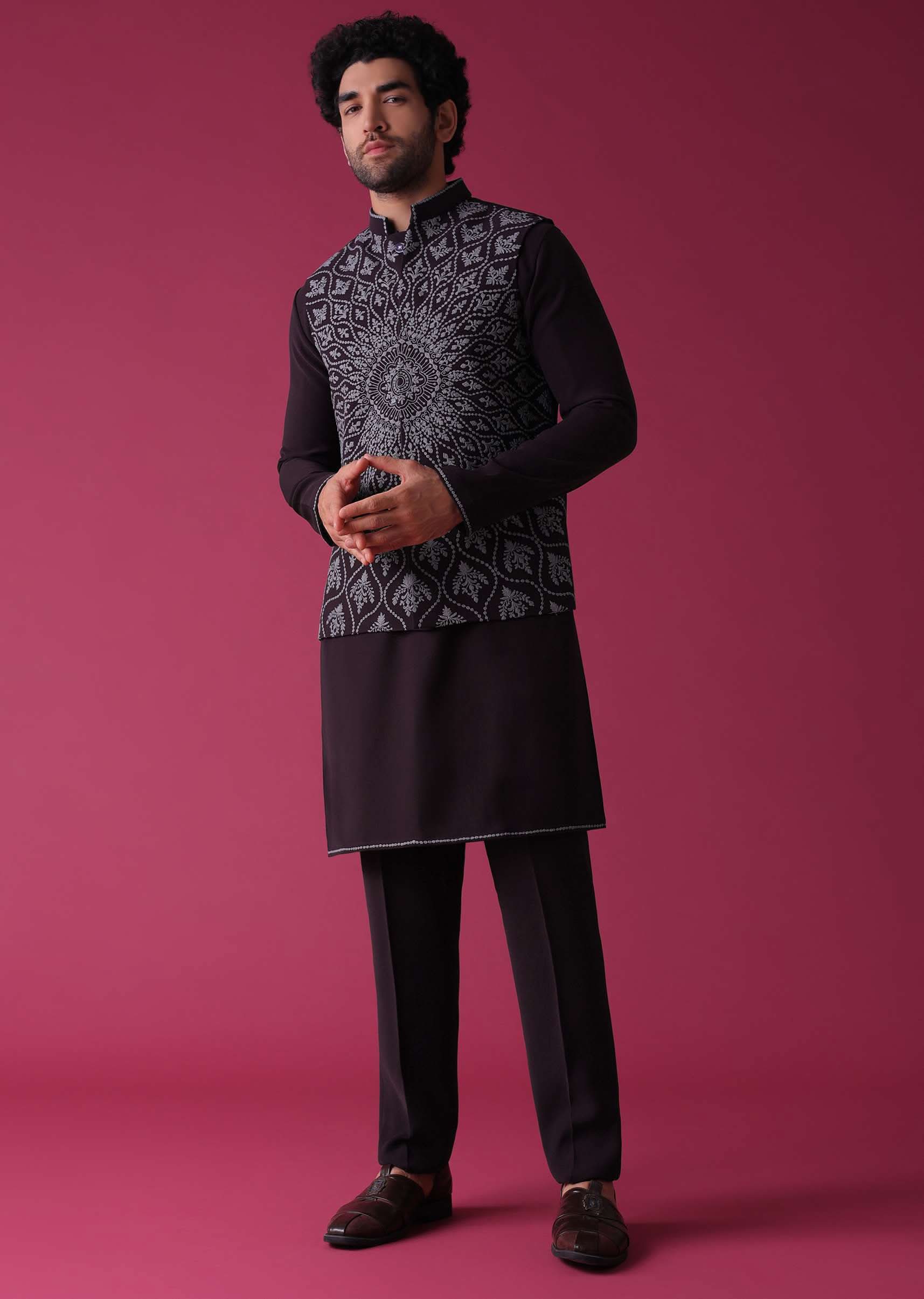 Violet Purple Jacket Kurta Set In Silk With Threadwork - Image 3