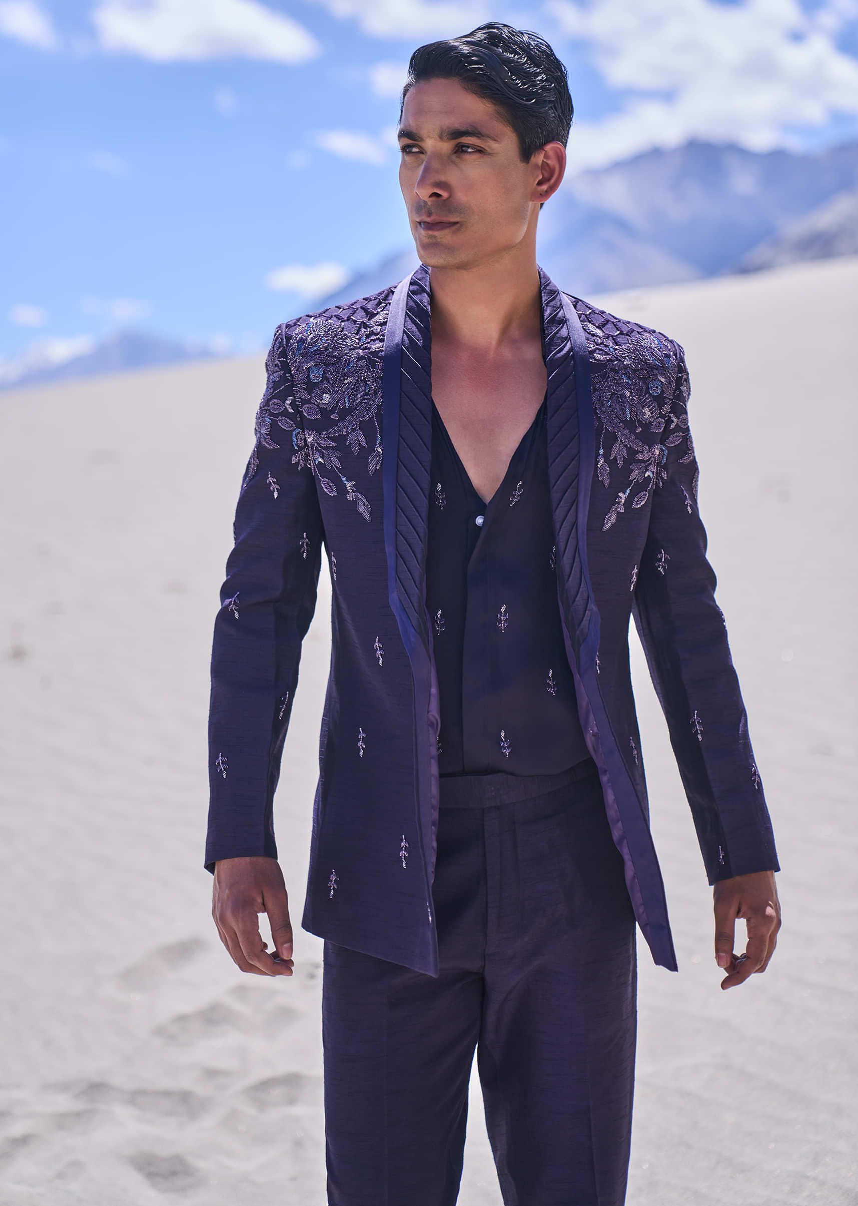 Violet Royal Hand Embroidered Tussar Tuxedo Set - Image 2