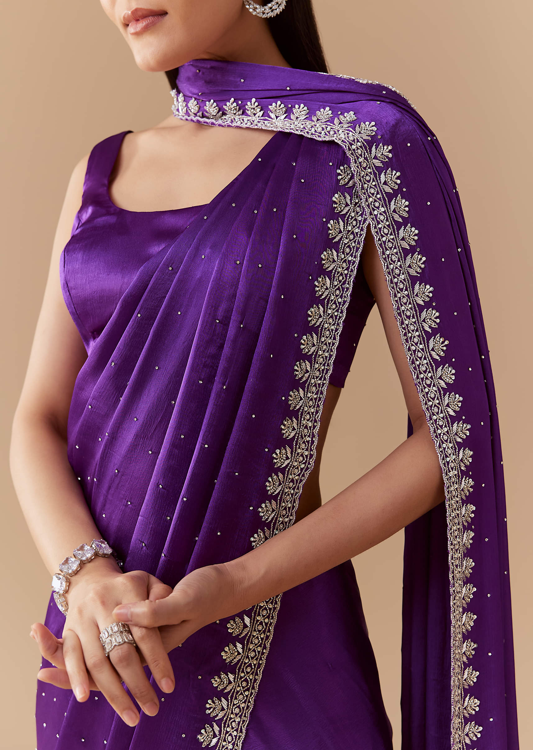 Violet Stone Embellished Saree with Unstitched Blouse - Image 2