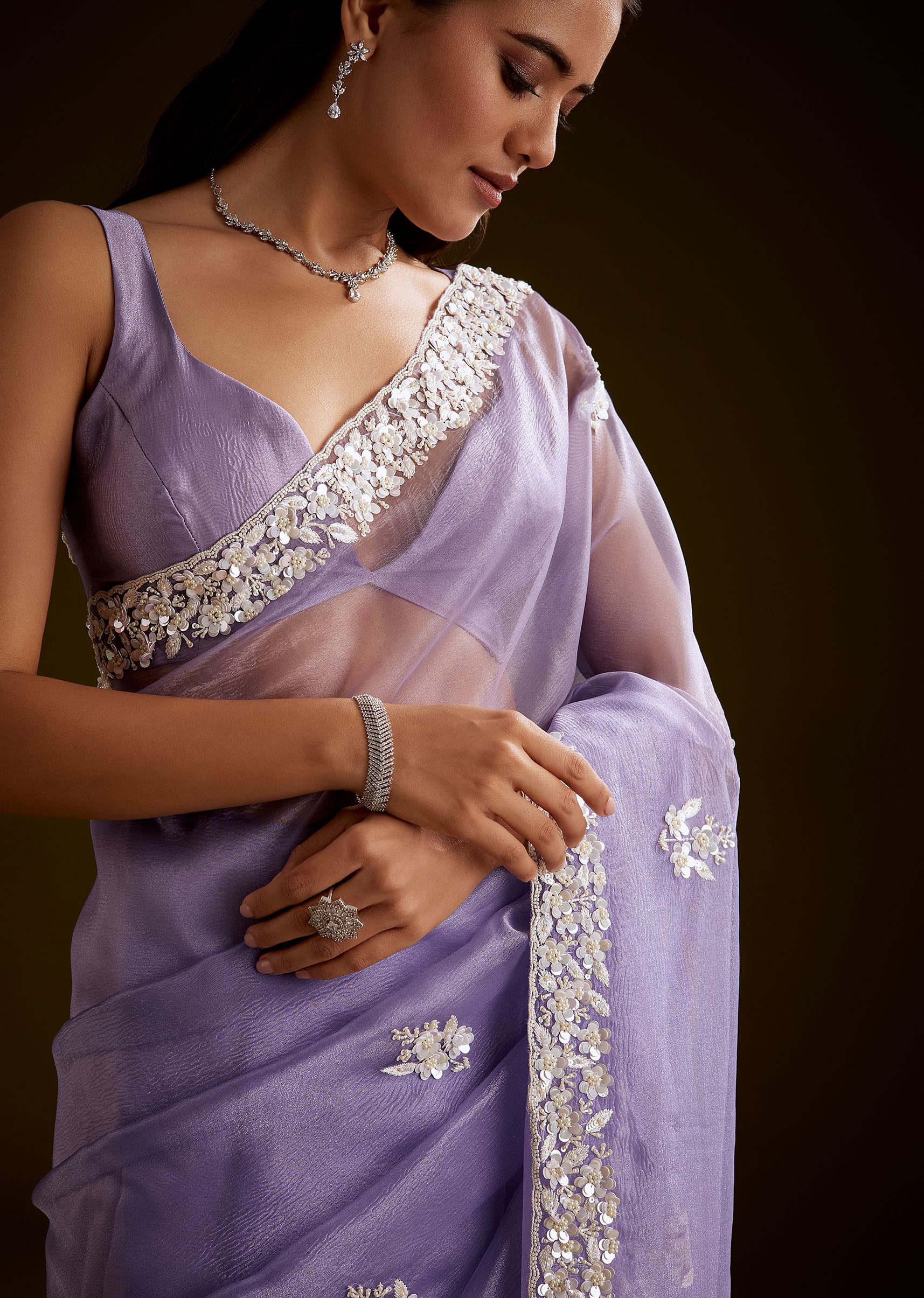 Violet Tissue Saree With Floral Embroidery And Scallop Border - Image 2