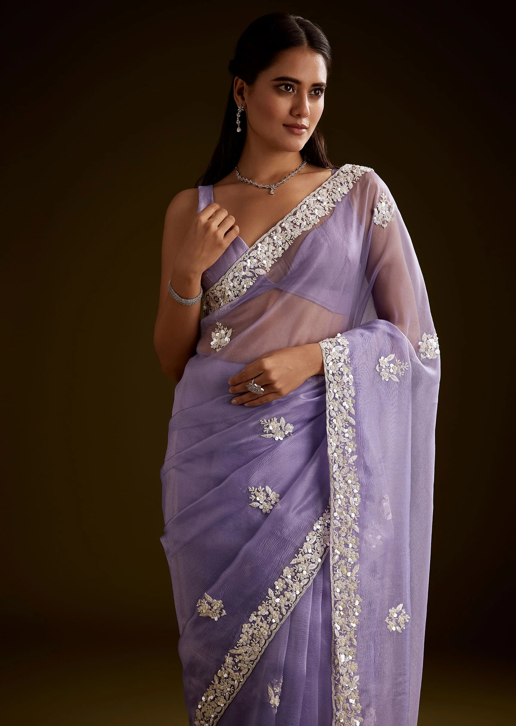 Violet Tissue Saree With Floral Embroidery And Scallop Border - Image 5