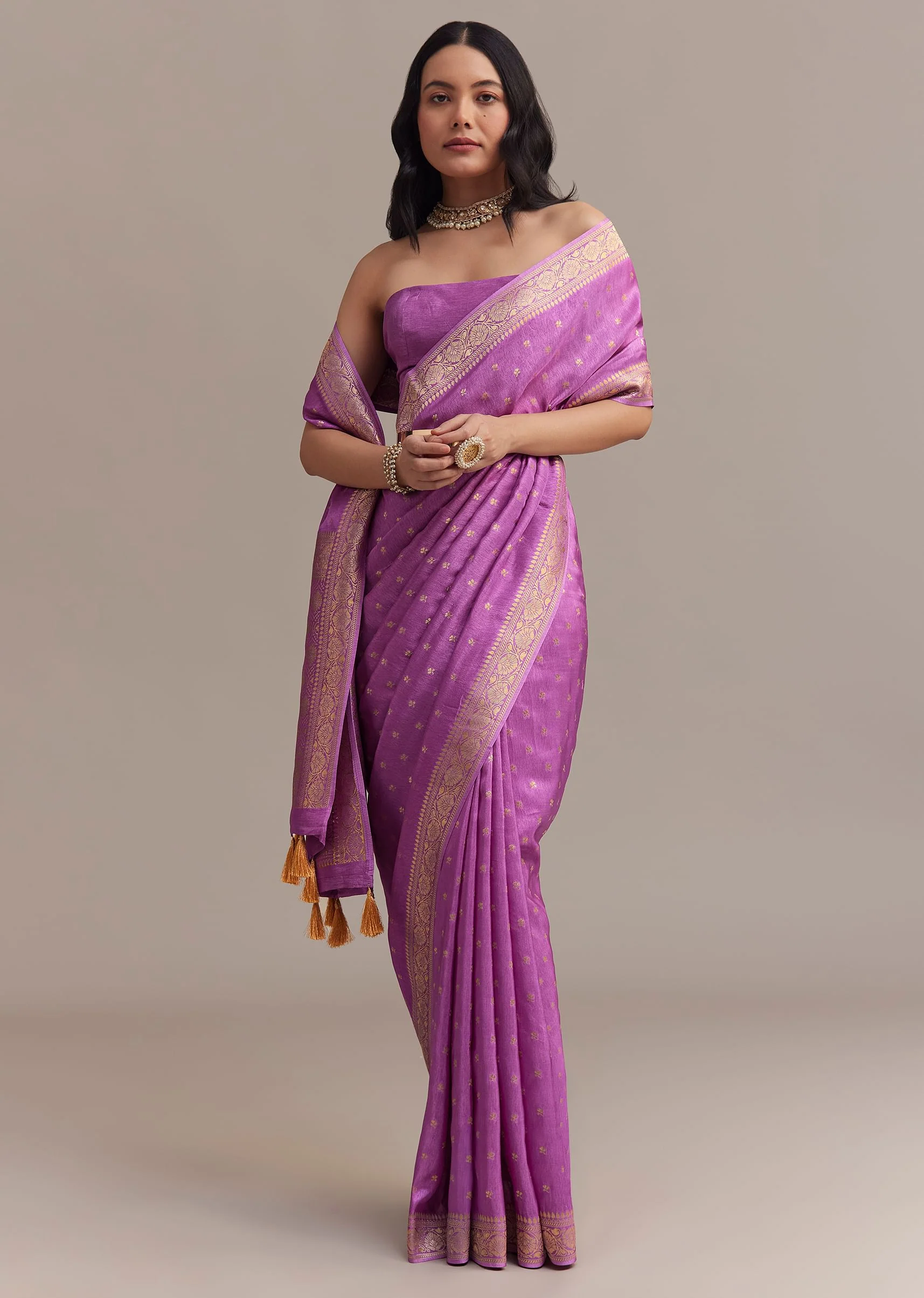 Violet Tissue Silk Saree With Butti Work And Chanderi Zari Border - Image 3