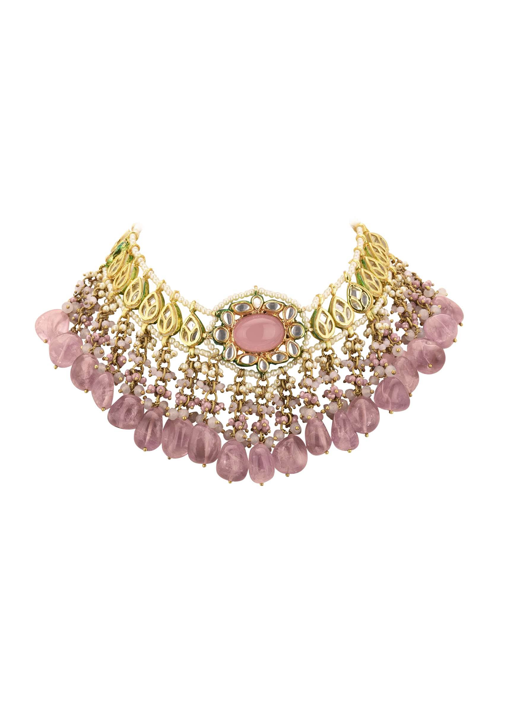 Voilet Toned Gold-Finish Kundan Choker Necklace Set With Colourful Meenakari Work In Mix Metal - Image 11