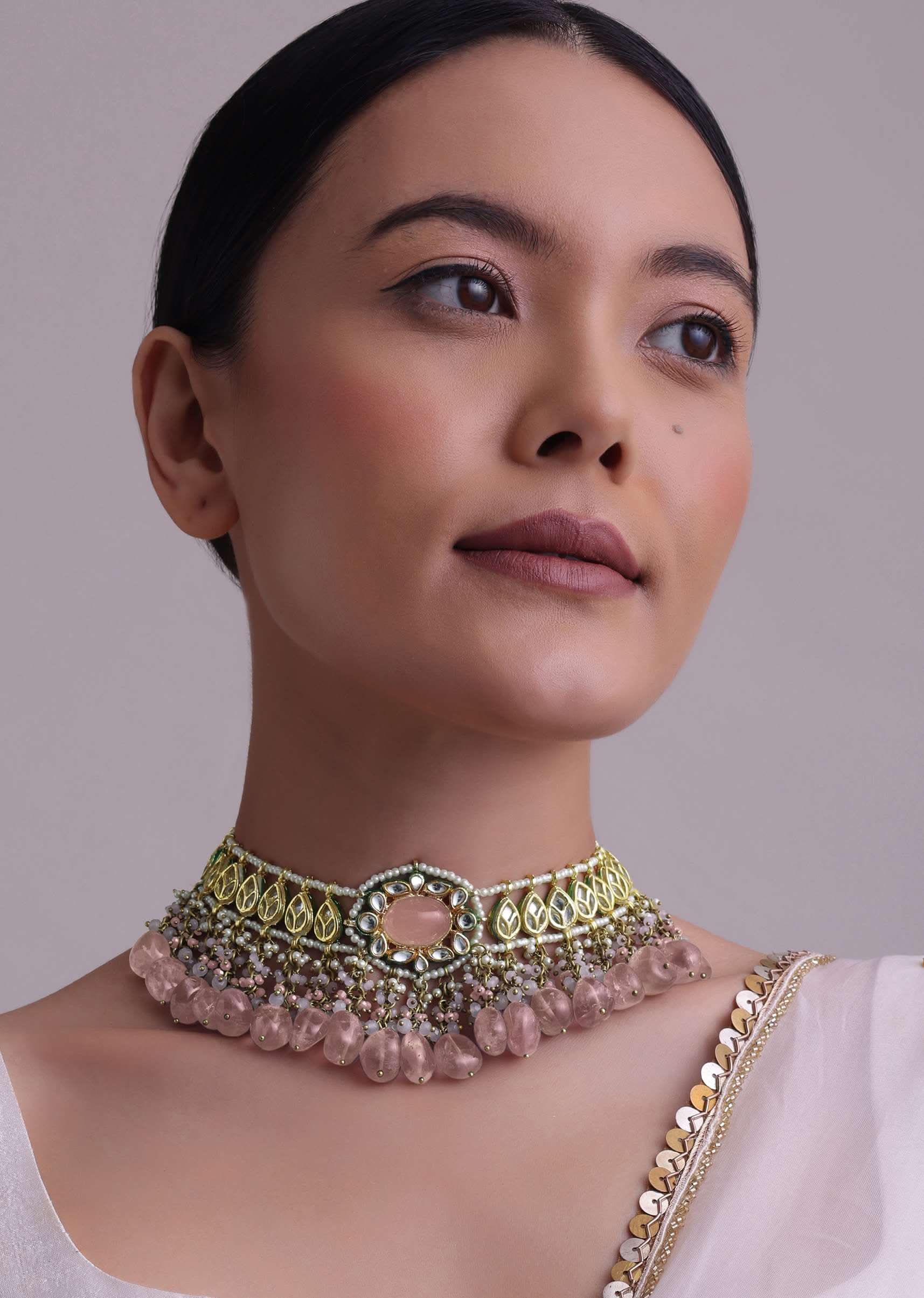 Voilet Toned Gold-Finish Kundan Choker Necklace Set With Colourful Meenakari Work In Mix Metal - Image 2