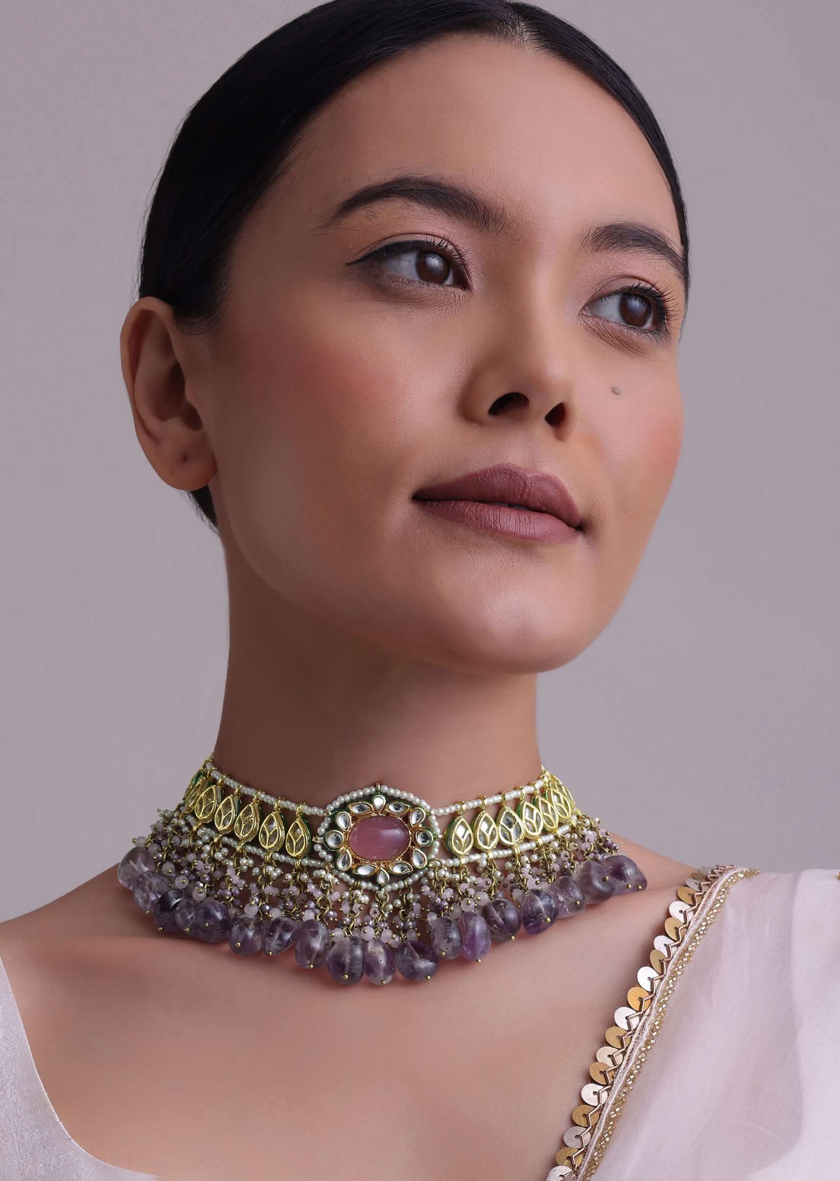 Voilet Toned Gold-Finish Kundan Choker Necklace Set With Colourful Meenakari Work In Mix Metal - Image 4