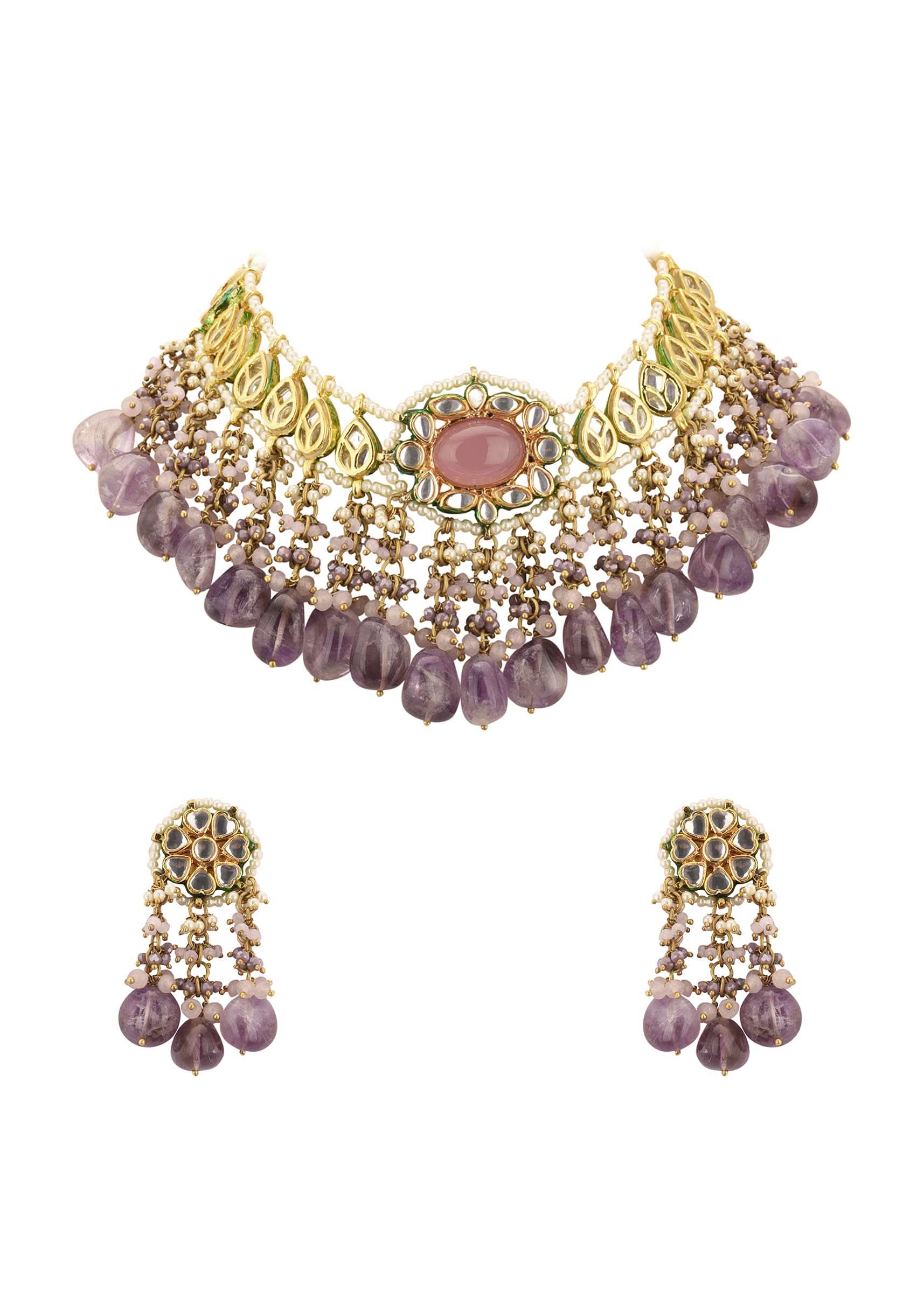Voilet Toned Gold-Finish Kundan Choker Necklace Set With Colourful Meenakari Work In Mix Metal - Image 5