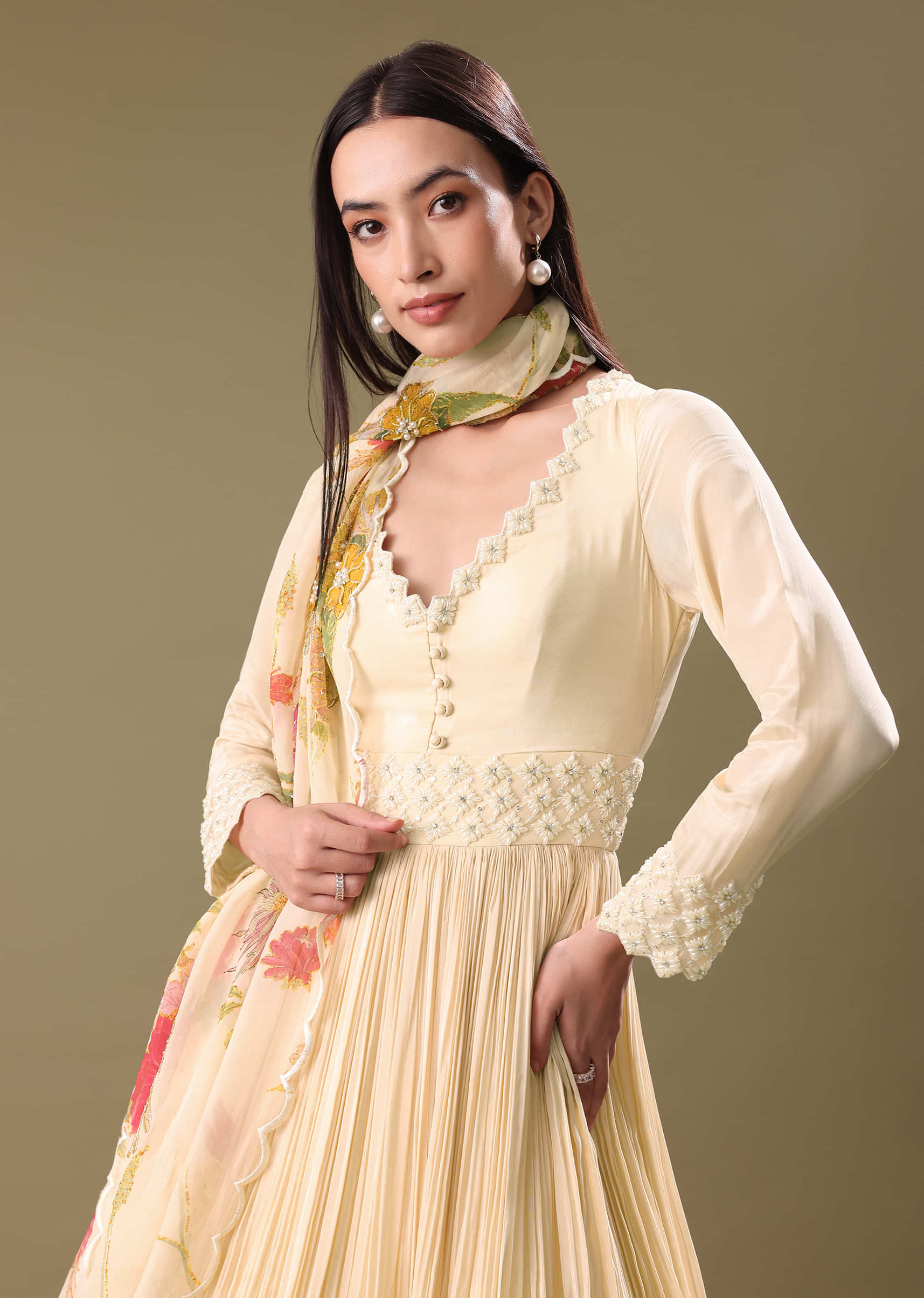 Warm Ivory Beaded Long Suit With Dupatta - Image 2