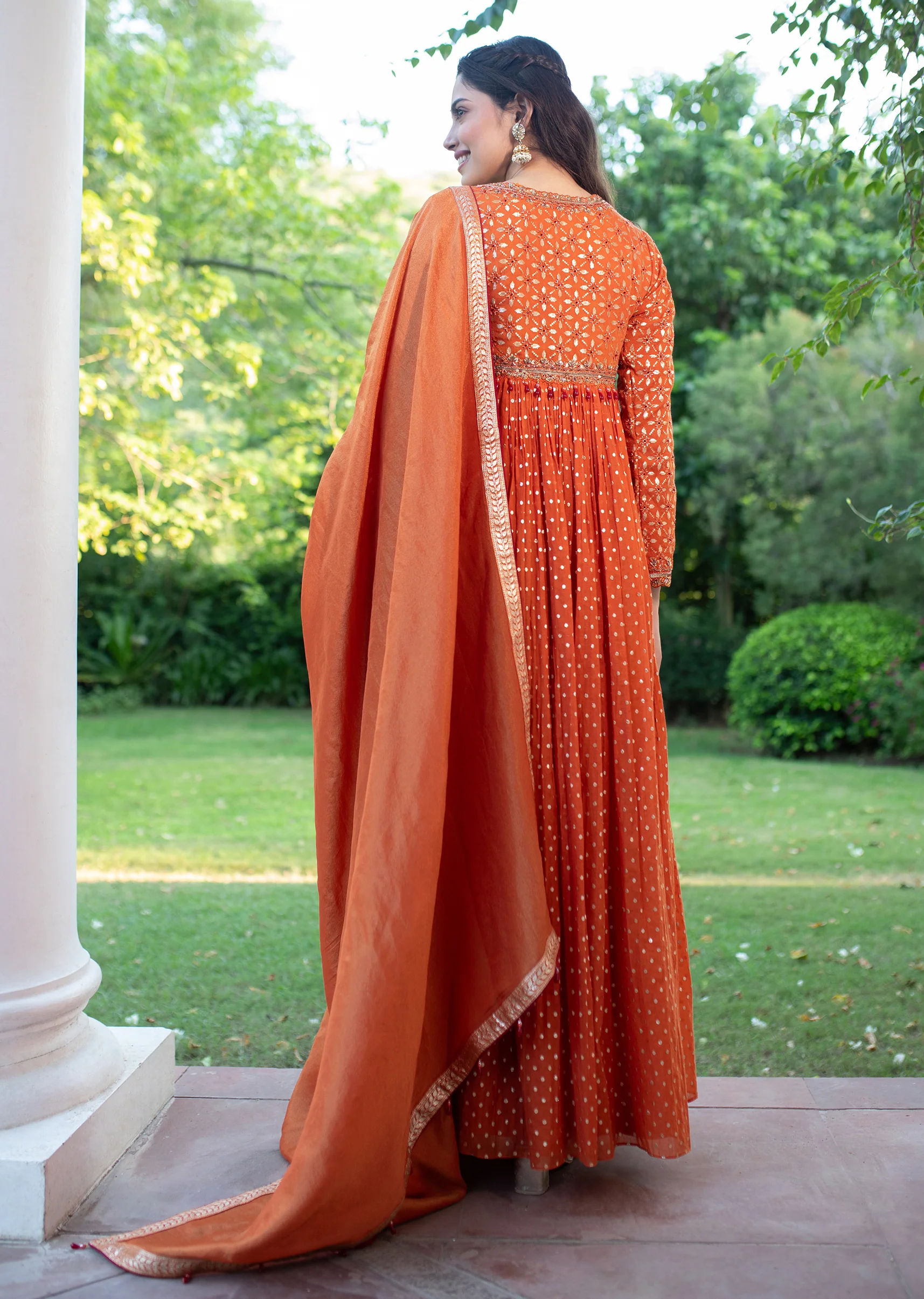 Warm Rust Orange Brocade Cutdana Beaded Anarkali Suit - Image 4