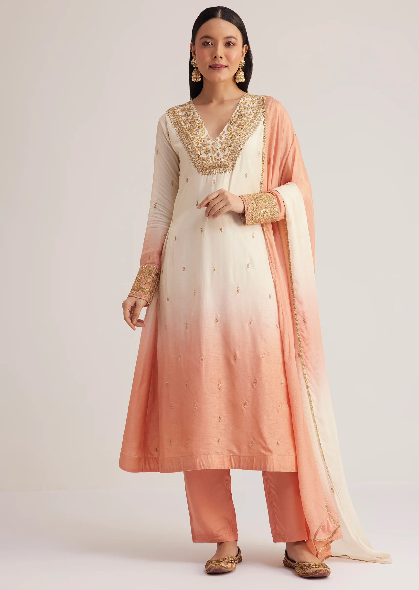 White and Peach Ombre Embroidered Suit - Image 4
