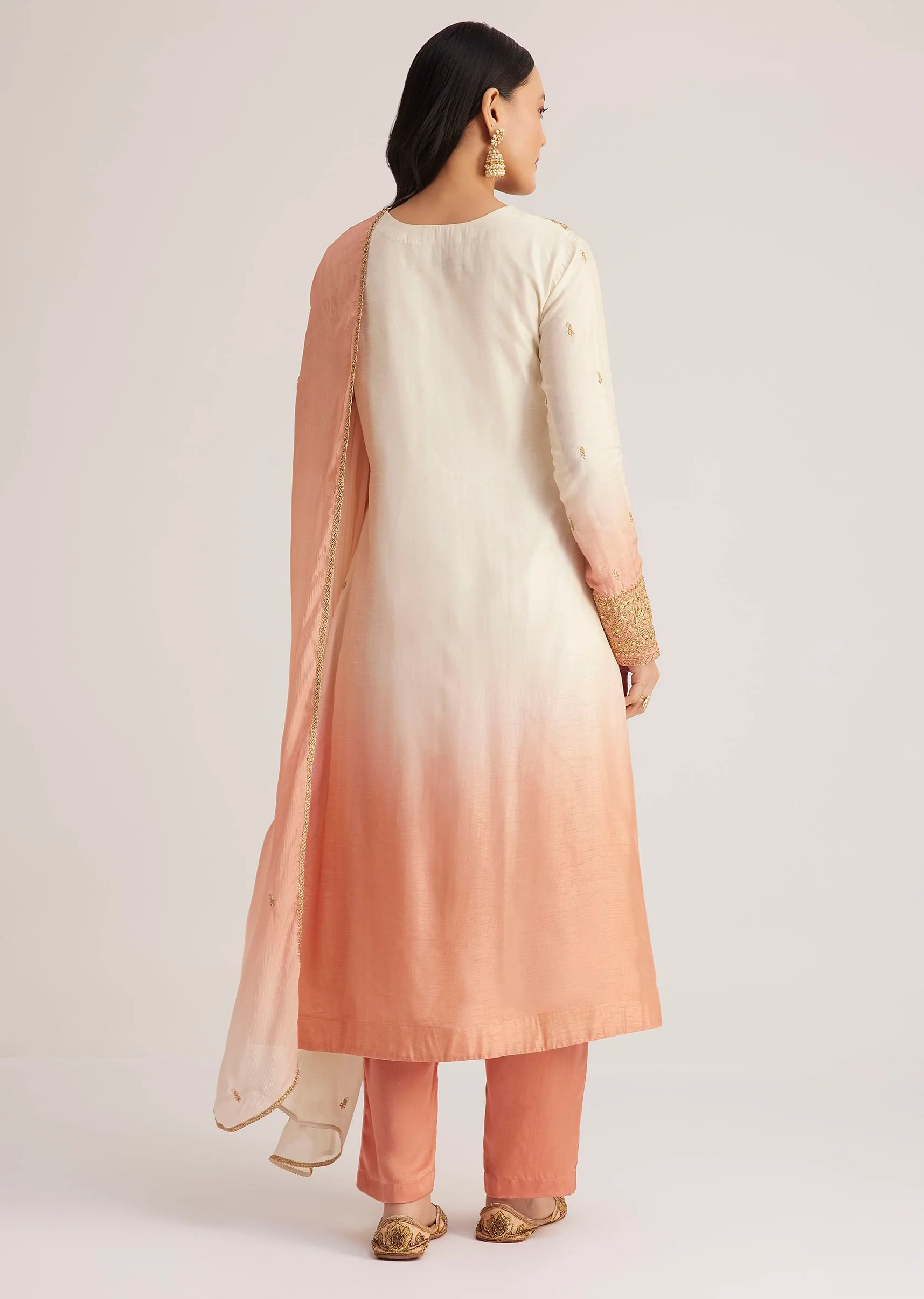 White and Peach Ombre Embroidered Suit - Image 5