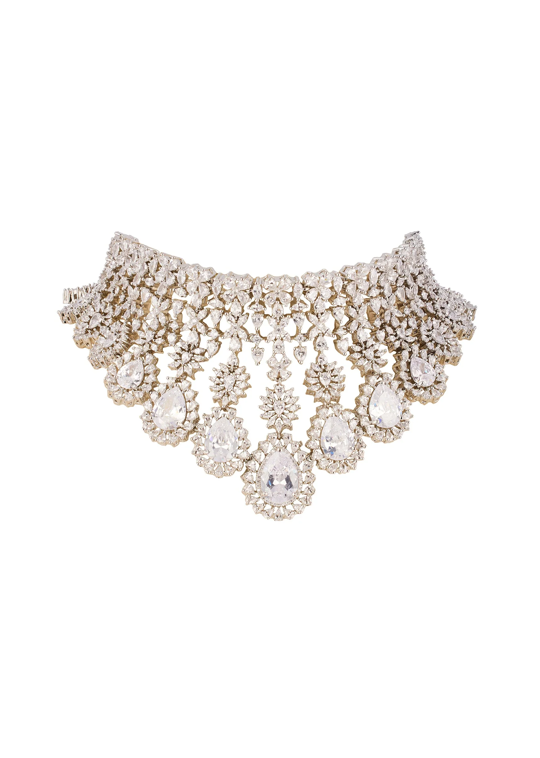 White and Silver Anti Tarnish Rhodium Plated Long Necklace Set In Brass with CZ Diamonds - Image 2
