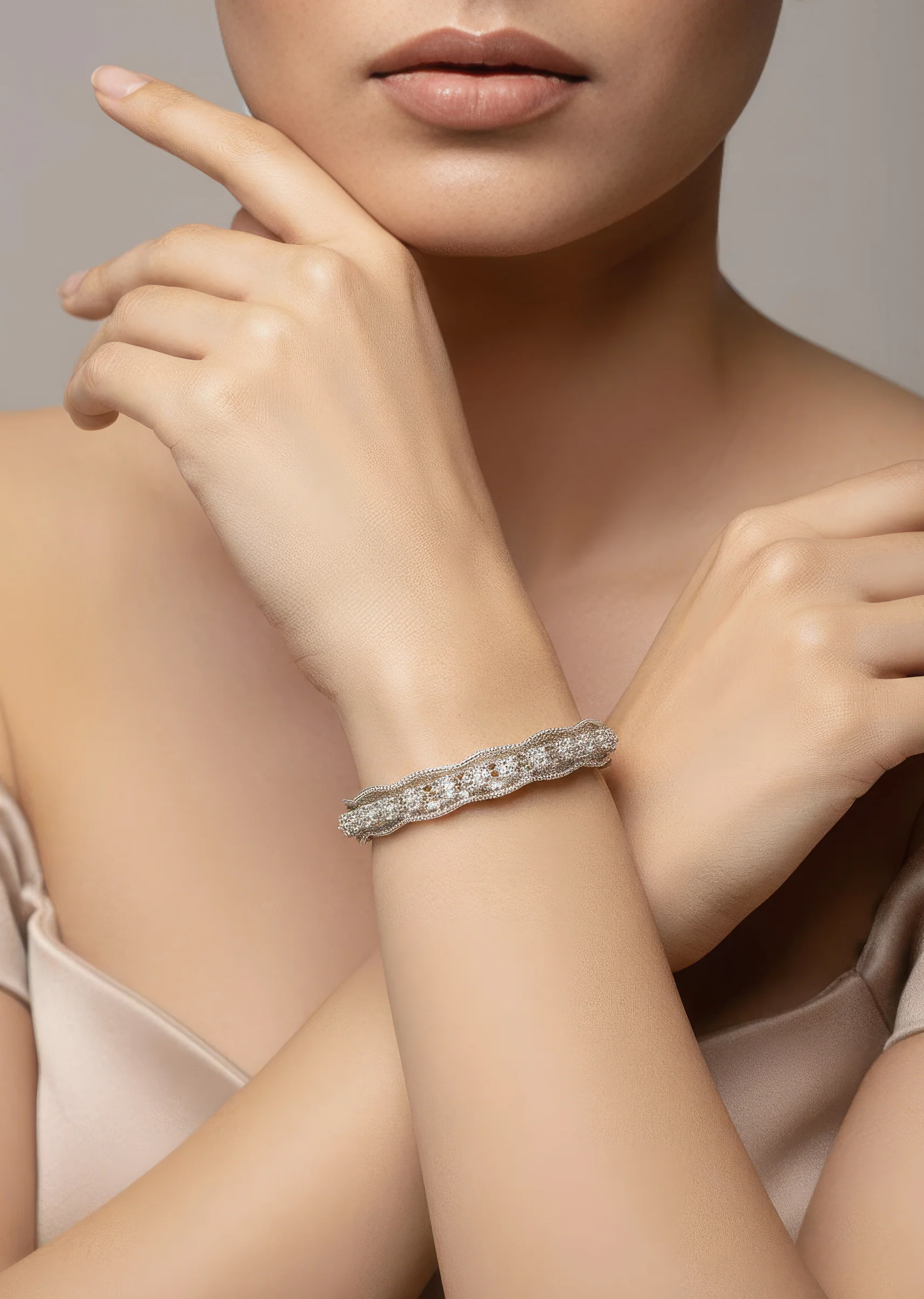 White Anti Tarnish Finish CZ Diamond Rhodium Plated Bangle (Set of 2)