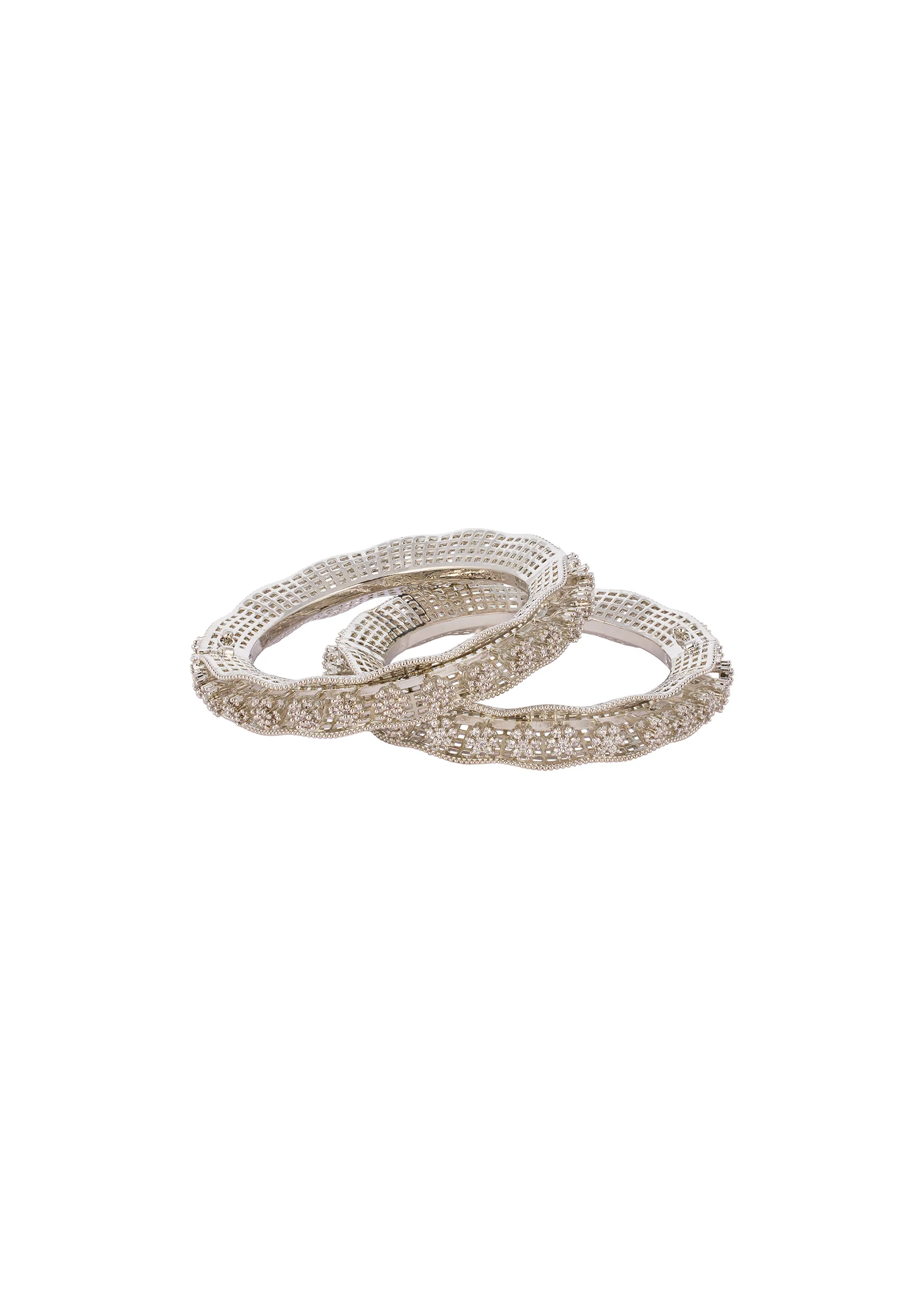 White Anti Tarnish Finish CZ Diamond Rhodium Plated Bangle (Set of 2) - Image 2