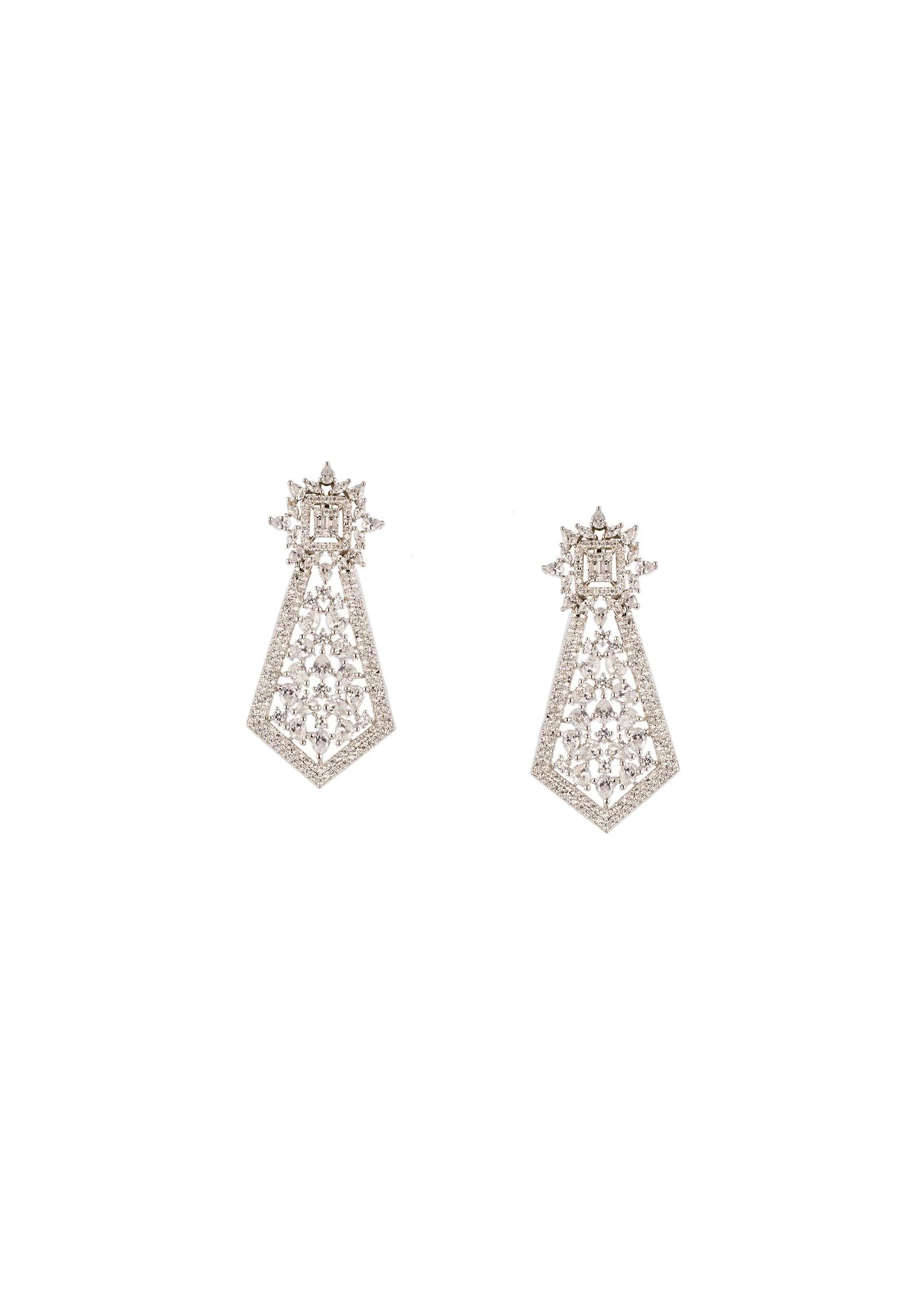 White Anti Tarnish Rhodium Plated Long Pendant Necklace Set In Brass with CZ Diamonds - Image 3