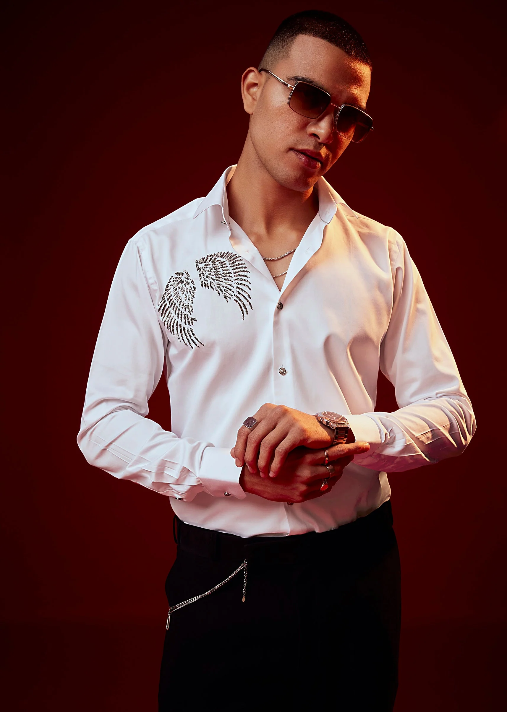White Bead Embroidered Mandarin Collar Shirt - Image 3
