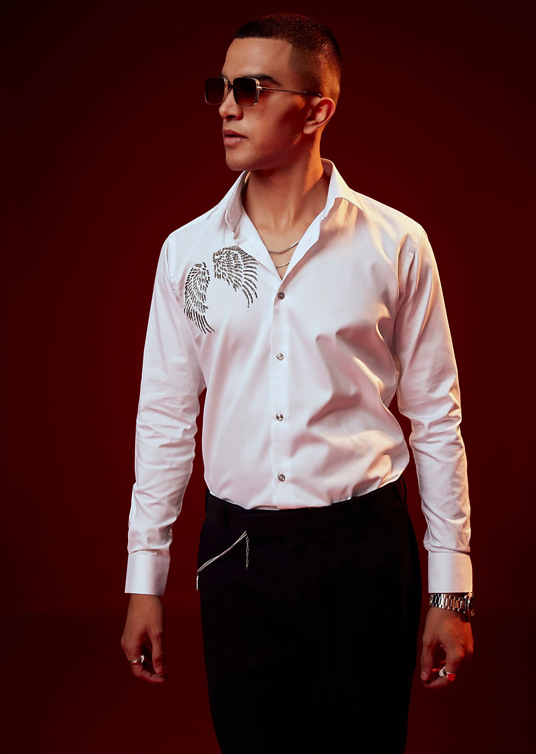 White Bead Embroidered Mandarin Collar Shirt - Image 4