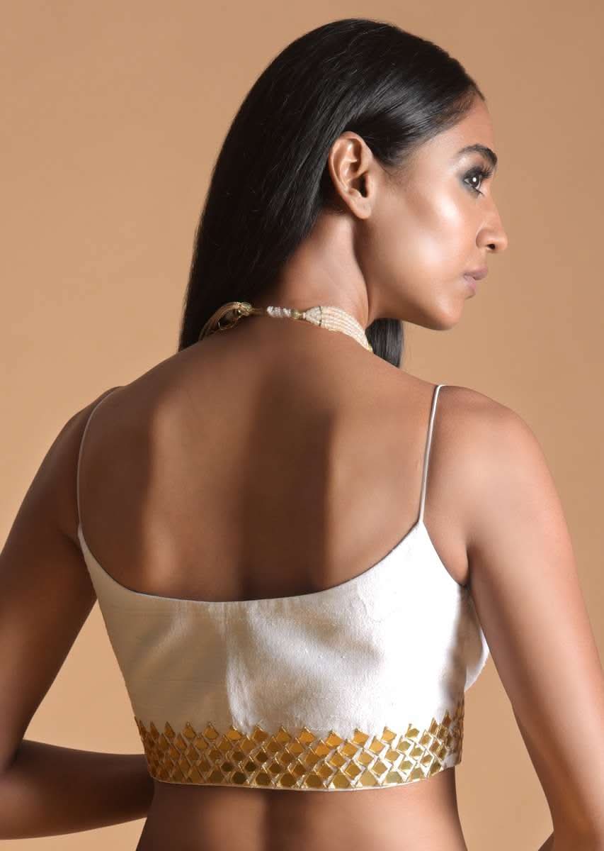White Blouse In Raw Silk With Mirror Work And Spaghetti Straps On the Shoulders - Image 2