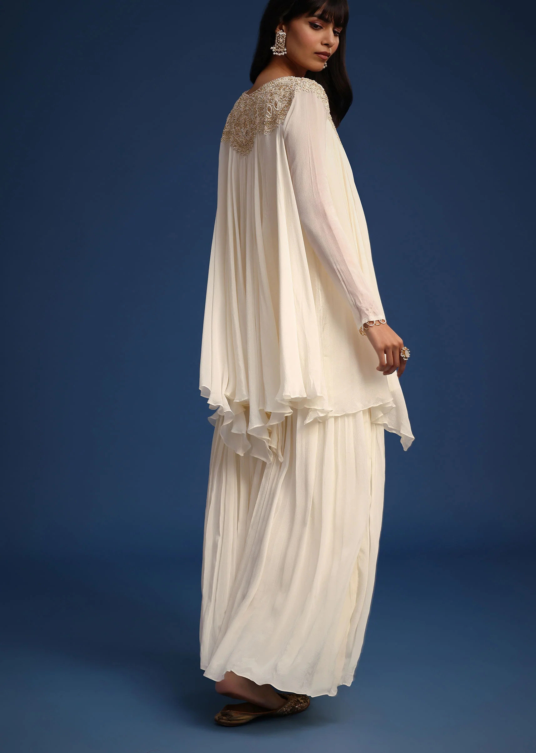 White Chiffon Kurta And Palazzo Set With Cutdana And Sequin Work - Image 5