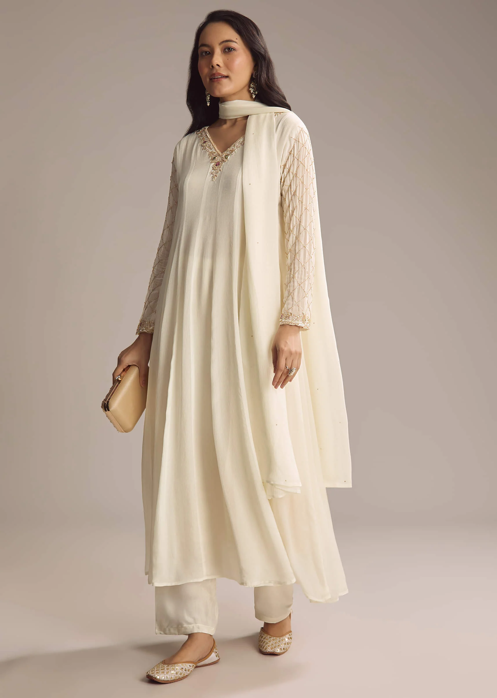 White Chinon Anarkali Suit With Cutdana And Sequins Work - Image 2